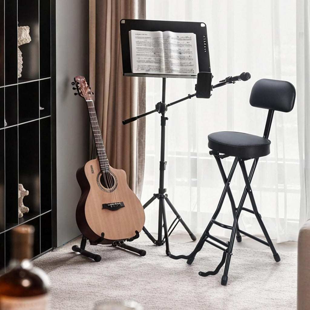 Guitar Stool with Padded Cushion,Folding Chair with Base Stand, Removable Backrest Non-Slip Rubber Feet, Fits Acoustic & Electric Guitars Black