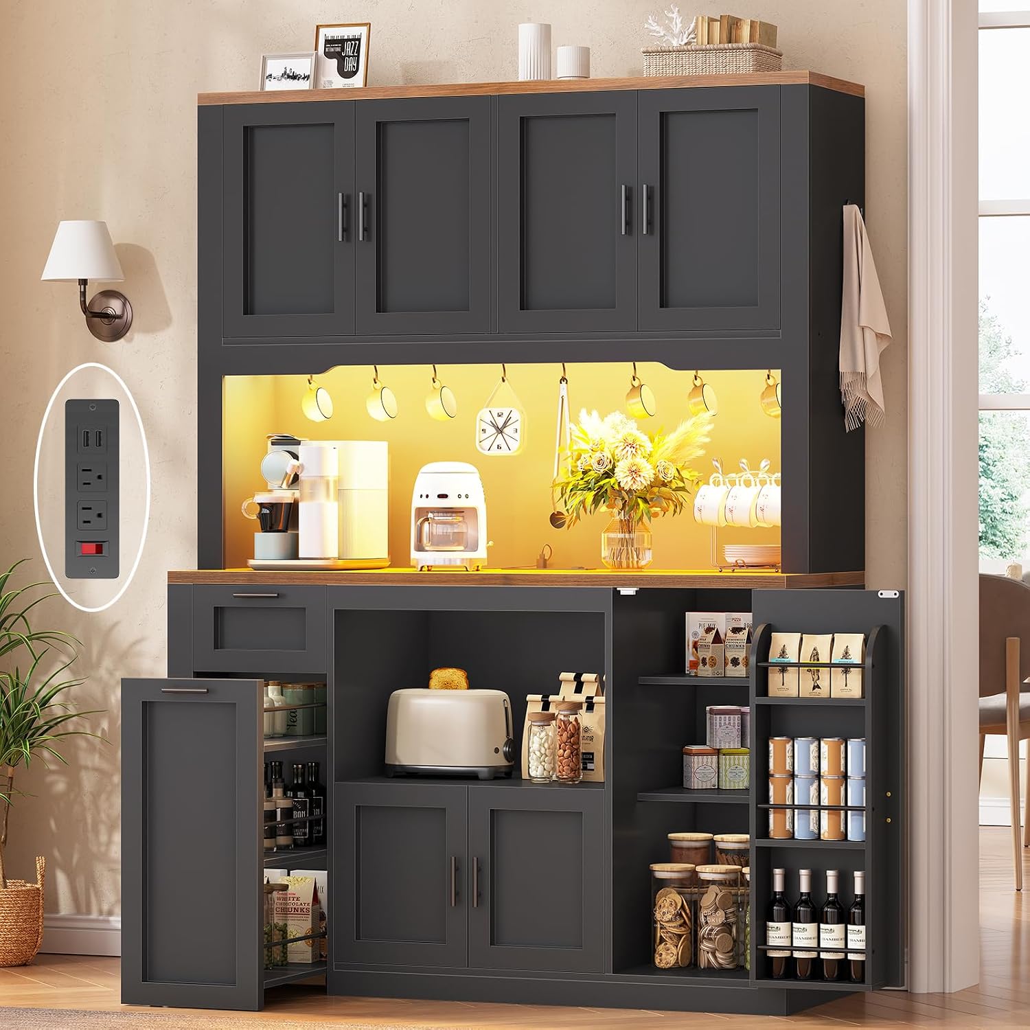 Itaar 71' Pantry Cabinet with Charging Station and LED Light, Kitchen Pantry Cabinet with Microwave Stand, 47.2' Wide Kitchen Storage Cabinets with Storage Cart 3 Tier for Dining Room, Black