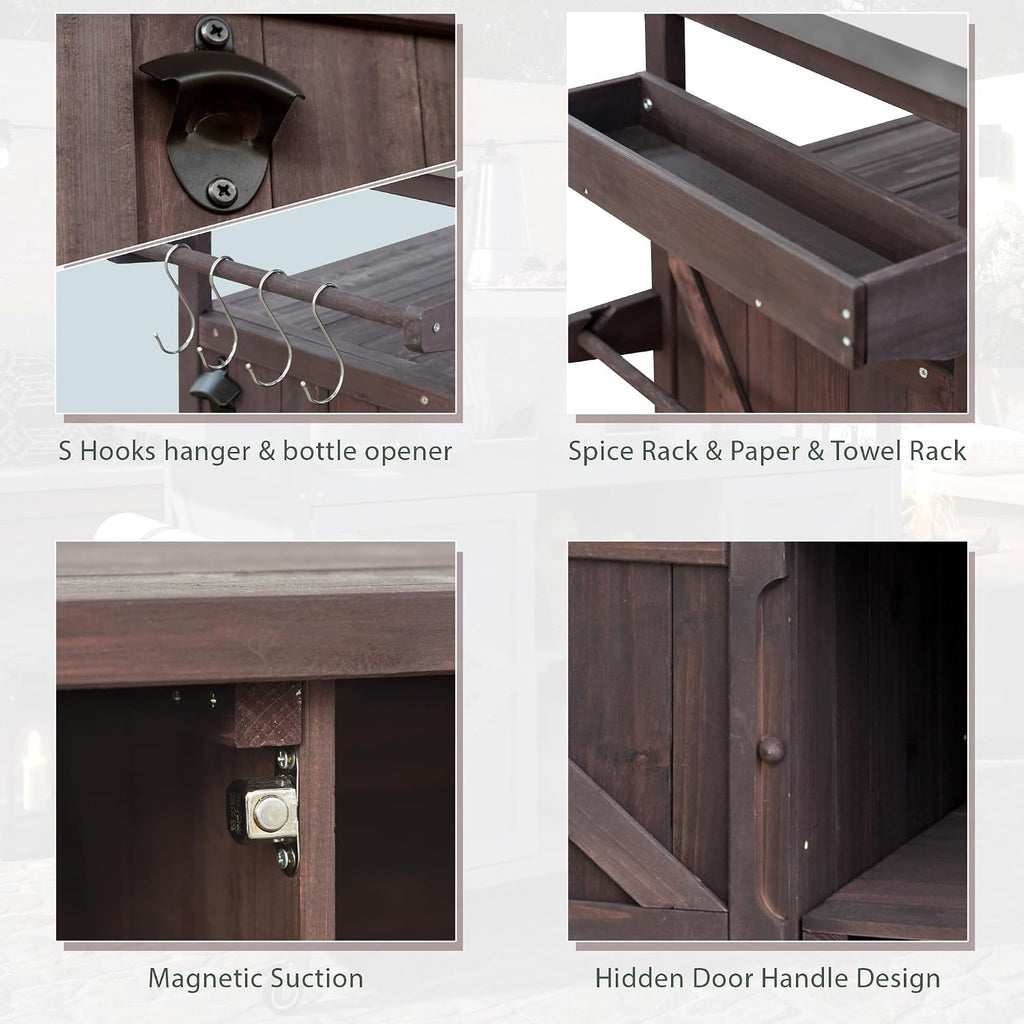 Farmhouse Outdoor Kitchen Island, Rolling Bar Cart & Storage Cabinet with Stainless Steel Top, Spice Rack, Towel Rack for Kitchen & Barbecue, Solid Wood Outdoor Grill Table (Dark Brown)