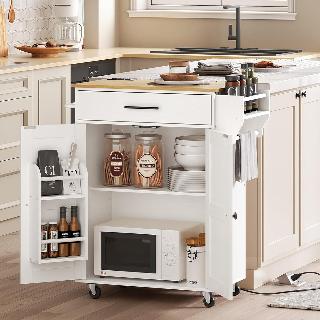 HOOBRO Kitchen Island and Rolling Kitchen Cart with Power Outlet Bundle, Storage Island with Spice Rack and Drawer, for Home WT82UZD01G1-WN88UZD01