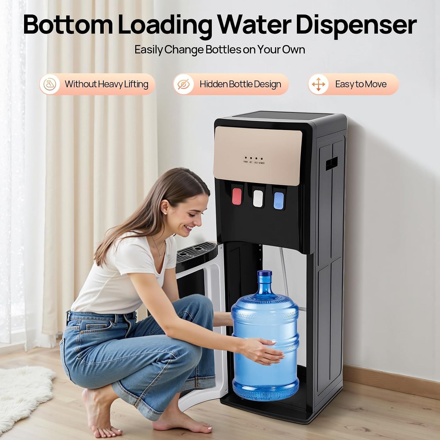Bottom Loading Water Cooler Dispenser, 500W Hot and Cold Water Cooler with 3 Temperature Settings - Hot Cold & Room for Home Apartment Office Water Capacity 2L(Cold) & 5L(Hot) SJYTD-6 Gold