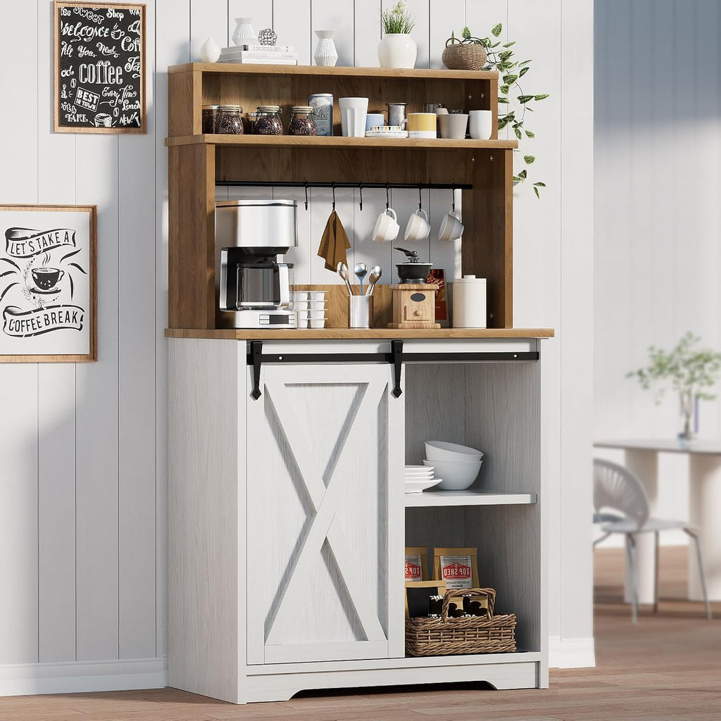 BestHaped Farmhouse Coffee Station with 3 Tier Storage Hutch & 6 Hooks - 56 Inch Small Coffee Bar Table with Adjustable Shelves for Living/Dining Room