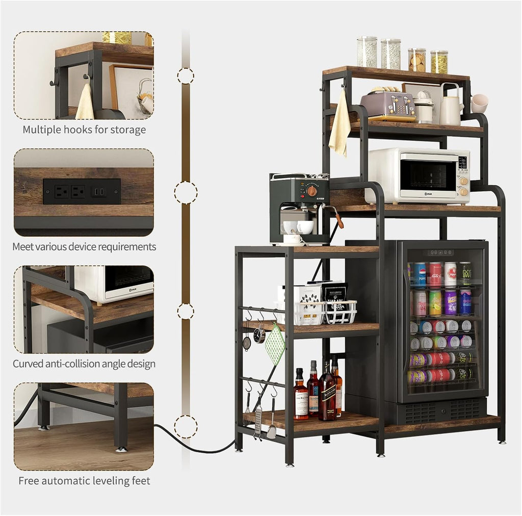 Multifunctional 7 Tier F Microwave Stand with 2 AC,2 USB Outlets Coffee Bar Bakers Rack Storage Shelf, Utility Storage Shelf, FCabinet for Kitchen, Dorm, Living Room, Brown