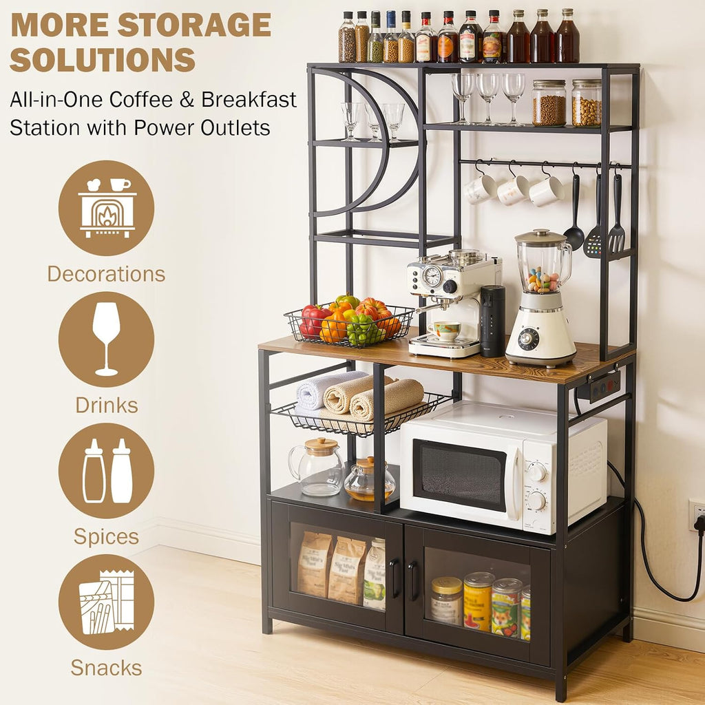 Uieke Bakers Rack with Power Outlet and Storage, Kitchen Bakers Rack with Cabinet & 10 Hooks, Coffee Bar Cabinet, Microwave Stand, 5 Tiers Kitchen Storage Rack for Dining Room & Small Spaces, Black