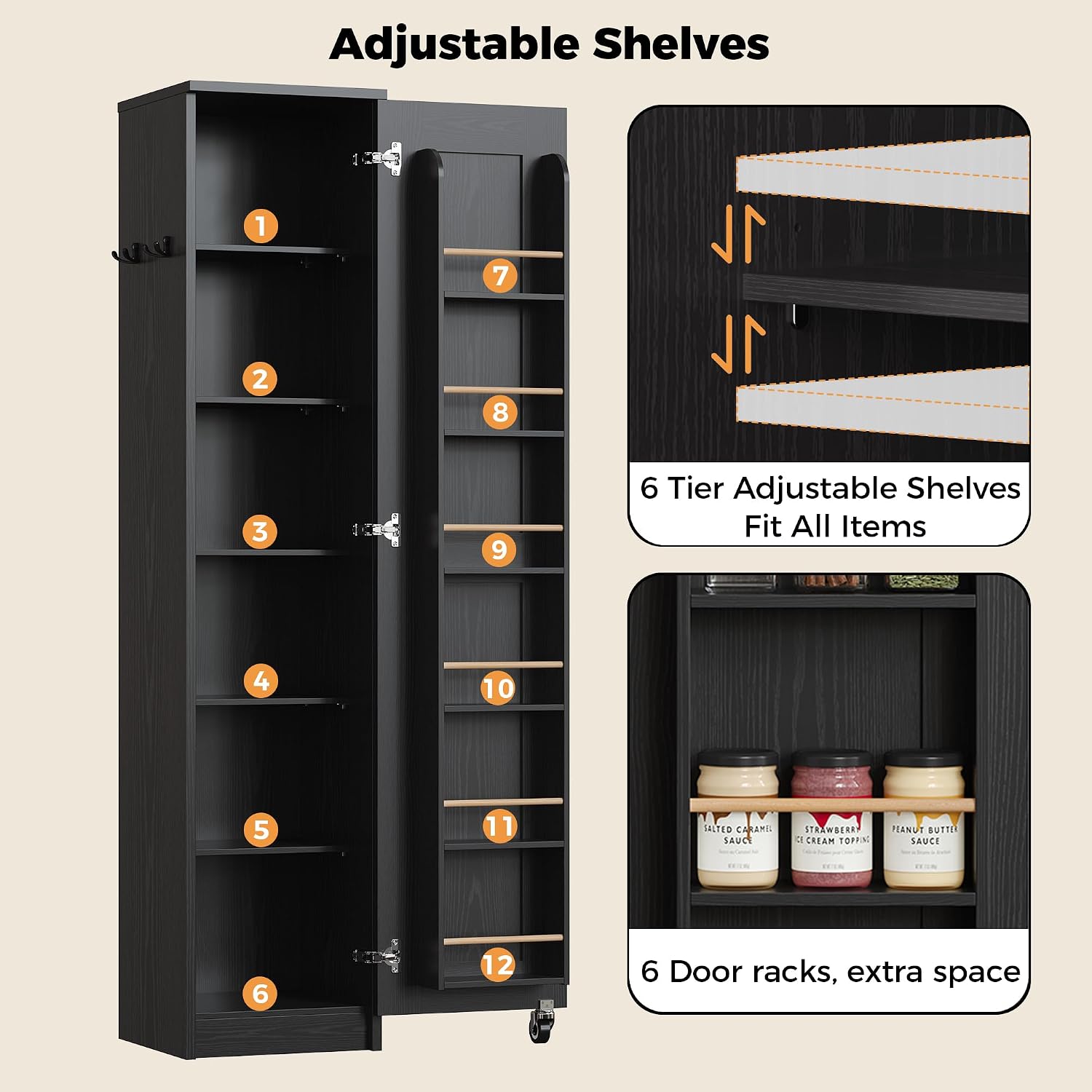 IRONCK Narrow Kitchen Pantry Storage Cabinet, 72' Slim Single Door with 6 Adjustable Shelves, Door Rack and Wheels, Space Saving Freestanding Storage Floor Cabinet for Small Place, Black