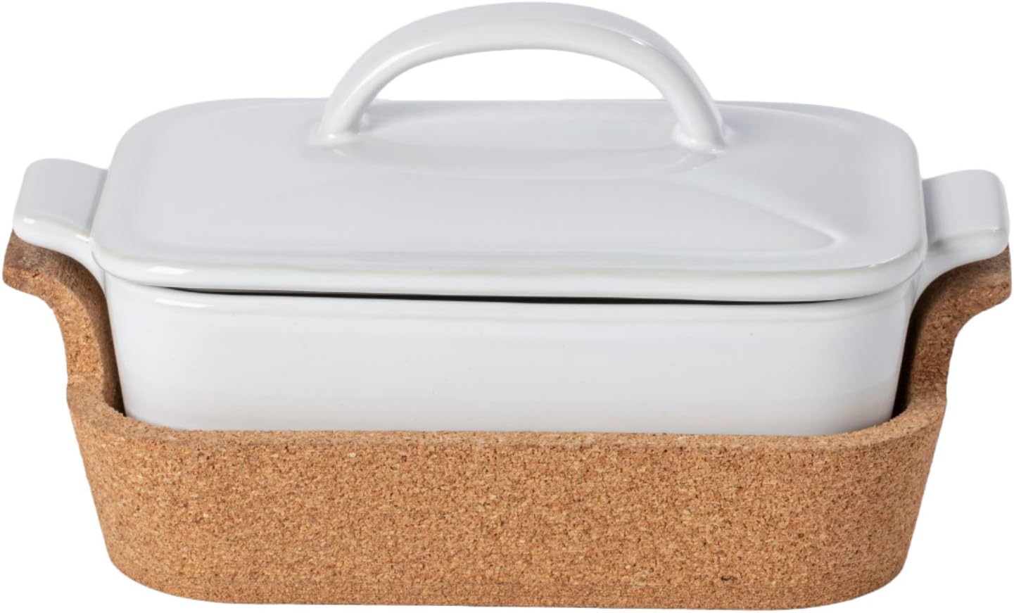 Casafina Ceramic 9.75' x 5.75' Oval Baker with Cork Tray - Ensemble Collection, White | Oven & Microwave Safe Bakeware | Food Safe Glazing | Restaurant Quality Dinnerware