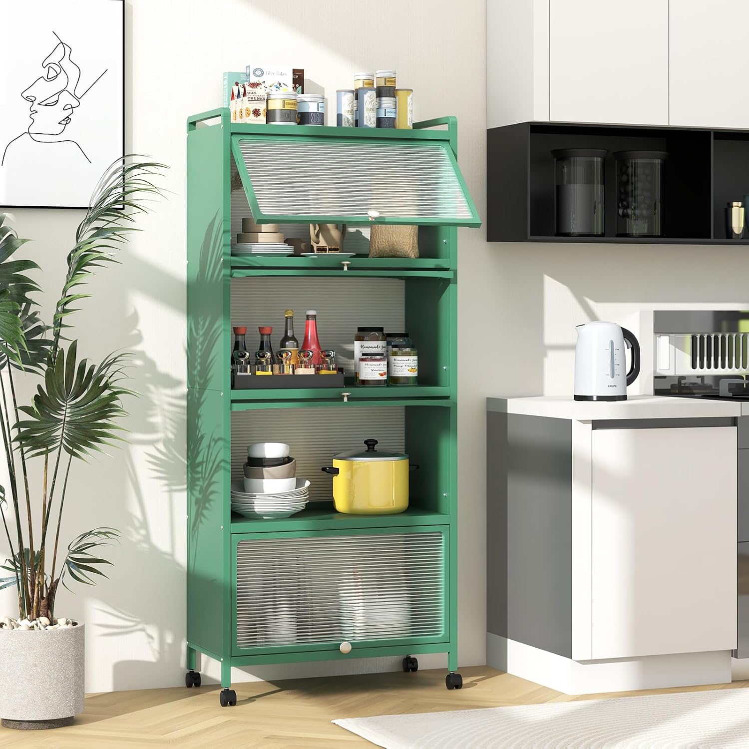 SIMOE Green 5-Tier Kitchen Storage Cabinet, Mobile Microwave Stand with Flip-Up PC Doors, Freestanding Baker's Rack w/ 4 Rolling Casters for Dining Room, Living Room and Study