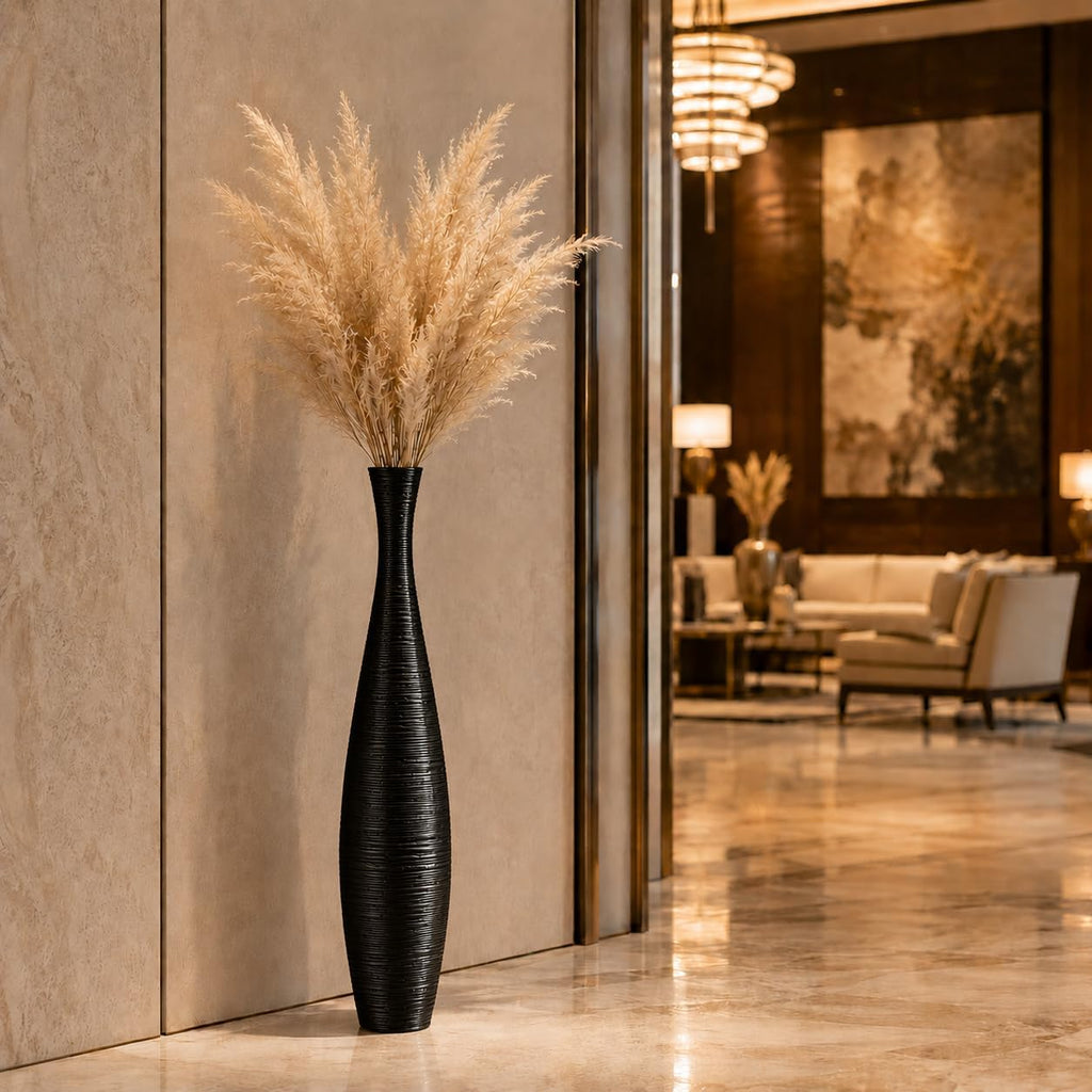 Leewadee Large Black Home Decor Floor Vase - Wooden 34 inch Tall Farmhouse Decor Flower Holder for Fake Plant and Pampas Grass
