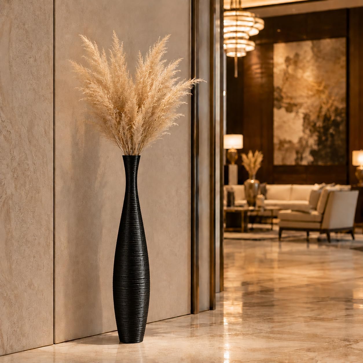 Leewadee Large Black Home Decor Floor Vase - Wooden 34 inch Tall Farmhouse Decor Flower Holder for Fake Plant and Pampas Grass
