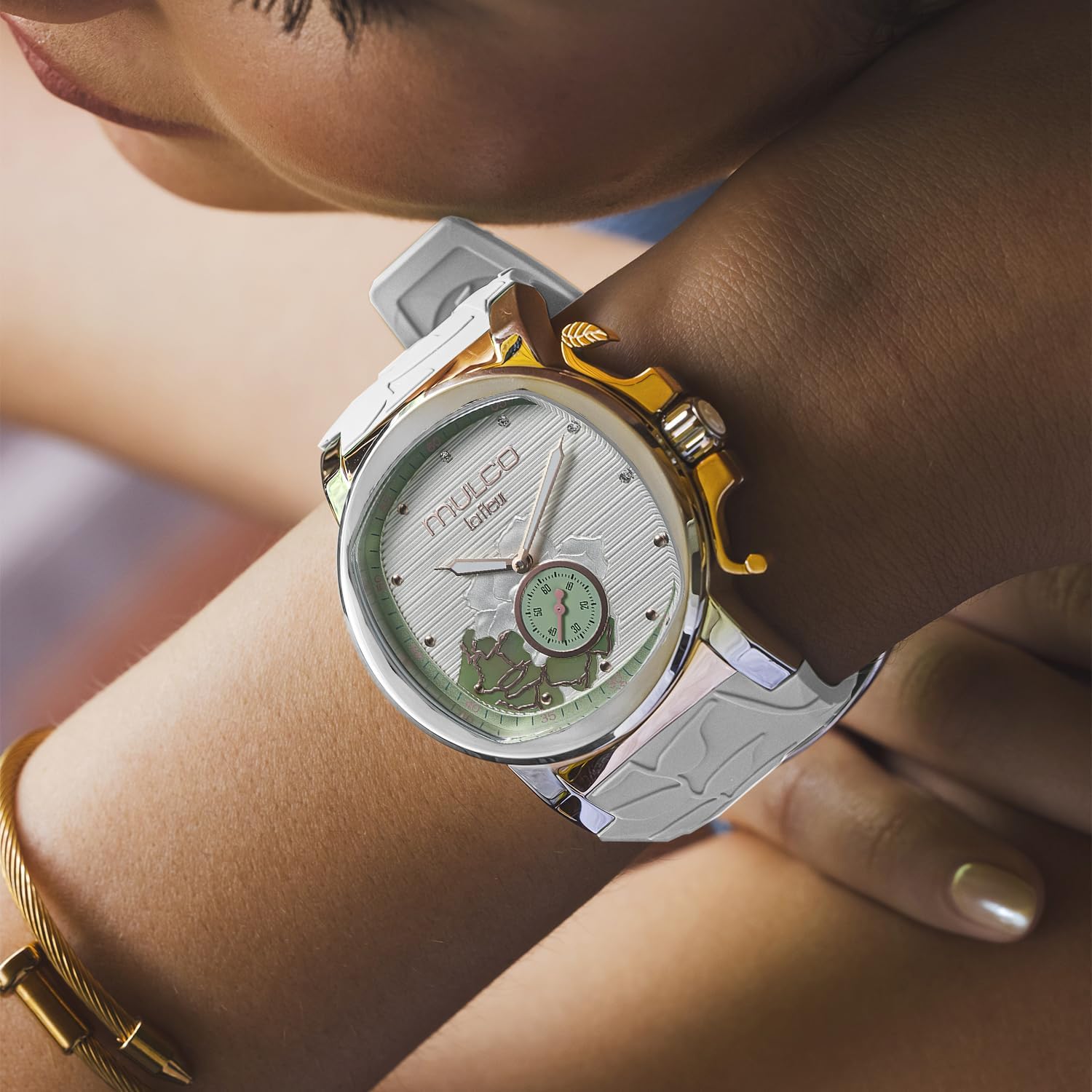 MULCO Le Fleur Gardenia Women's Watch – 43 mm Stainless-Steel Case, Rose-Gold Bezel, Mother-of-Pearl Dial with Crystal Accents, Pure Silicone Strap, Quartz Multifunction Movement, 10 ATM Waterproof