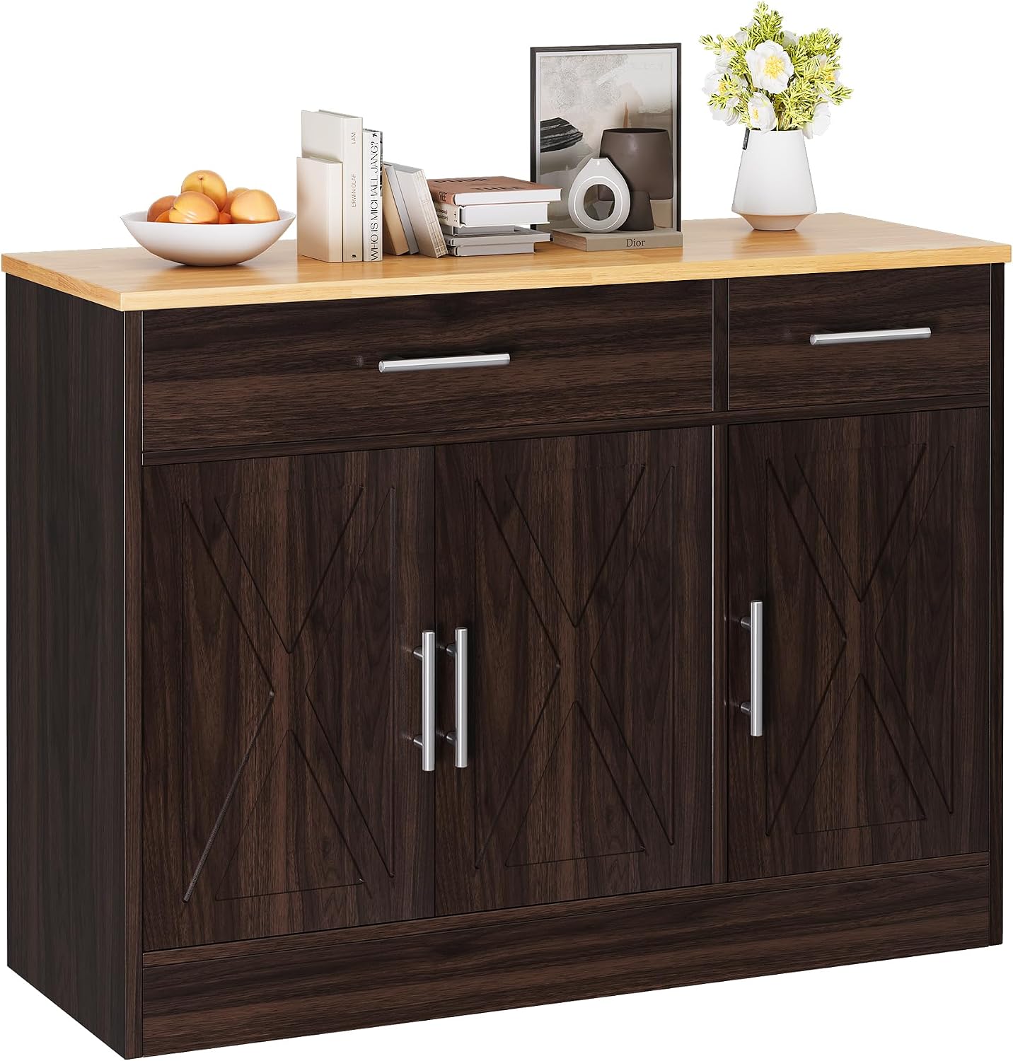Vongrasig Sideboard Buffet Cabinet with Storage, 43' Farmhouse Coffee Bar Storage Cabinet with Drawers and Shelves, Modern Buffet Table for Kitchen, Dining Room, Rustic Brown