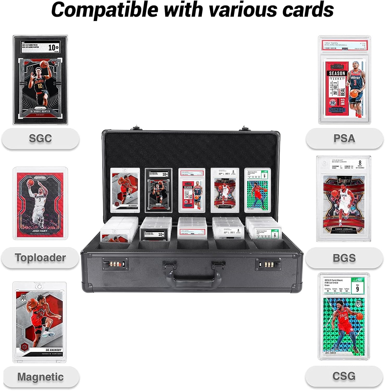 Graded Card Storage Box 5 Slots, PSA/BGS Graded Slabs-Collector Box for Trading & Sports Cards with Coded Lock, Easy to Carry(No Card)