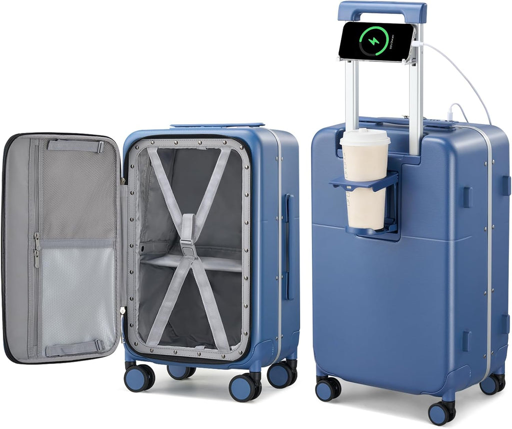 Hanke 24 Inch Checked Luggage with Cup Holder and USB Ports,Top Opening Hard Shell Suitcase with Wheels,Aluminum Frame Trunk Luggage with Foldable Dividers & TSA Lock for Travel, Interstellar Blue