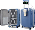 Hanke 24 Inch Checked Luggage with Cup Holder and USB Ports,Top Opening Hard Shell Suitcase with Wheels,Aluminum Frame Trunk Luggage with Foldable Dividers & TSA Lock for Travel, Interstellar Blue