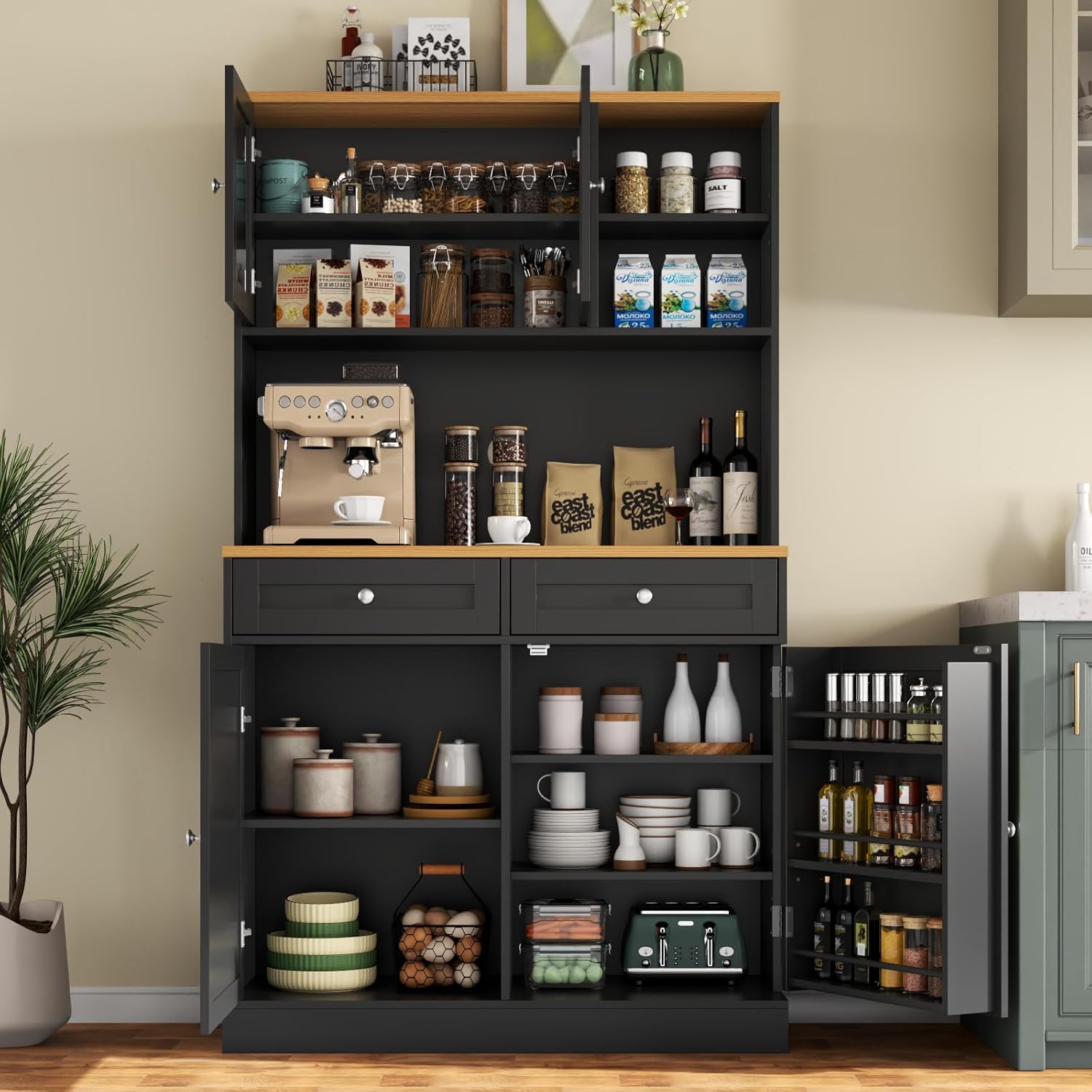 Tall Pantry Cabinet, Modern Kitchen Hutch with Microwave Stand, Kitchen Pantry Storage Cabinet with 2 Darwers & Door Shelf, Food Pantry with Glass Doors & Adjustable Shelves for Dining Room, Black