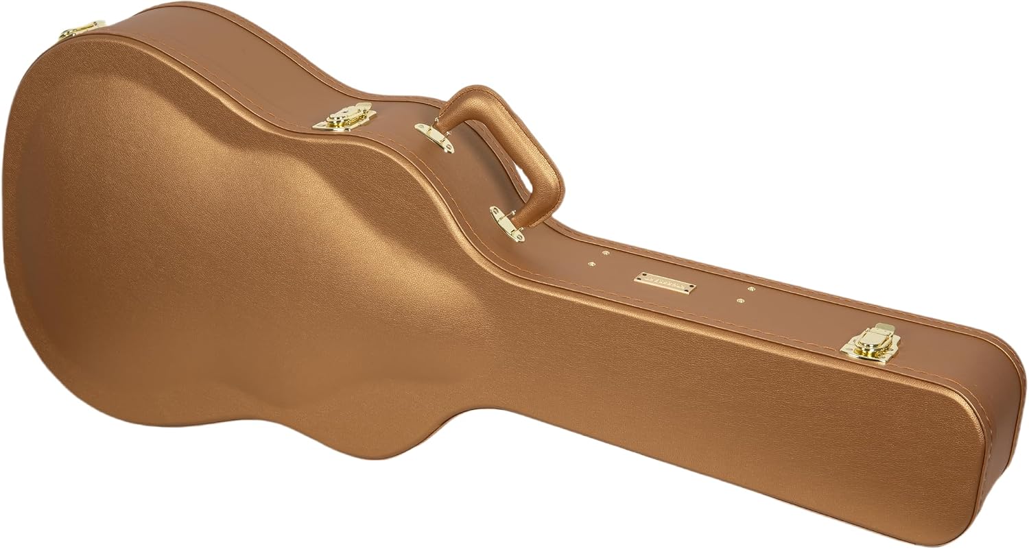 Crossrock Wooden Dreadnought Guitar Case for Martin D-28 / Taylor Grand Auditorium | Luxury Gold Faux Leather, Burgundy Velvet Interior, Lock – Designer Series(CRW520D28LG)