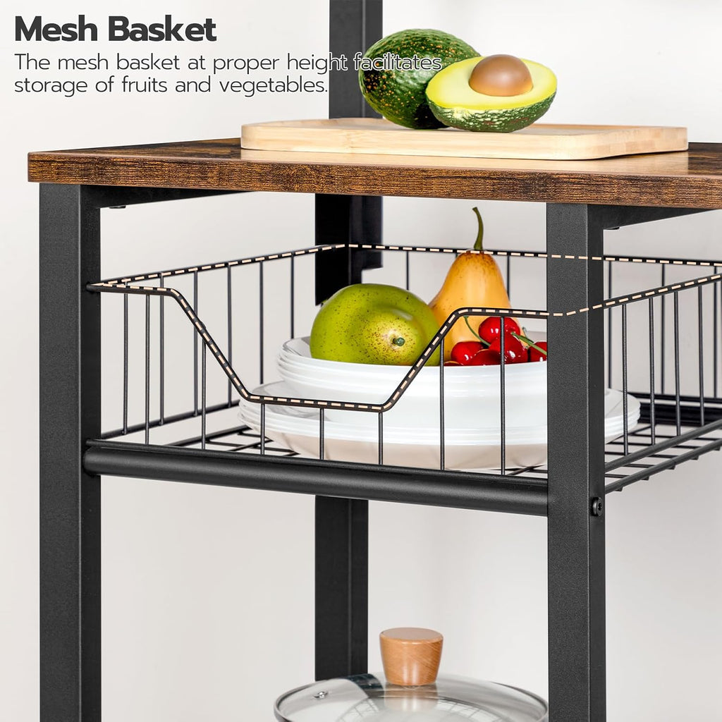 HOOBRO Bakers Rack with Power Outlet and Large Microwave stand with Power Outlets, 35.4 In Coffee Bar with Mesh Basket, Kitchen Shelf with Wire Basket, Rustic Brown and Black BF05HB01-BF64UHB01
