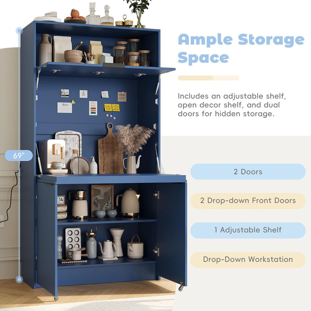 Farmhouse Pantry Cabinet with Foldable Workstation, 69' Tall Buffet with Hutch and Storage, Multifunctional Kitchen Cabinet with Adjustable Shelf and Power Outlet for Dining Room (Dark Blue)
