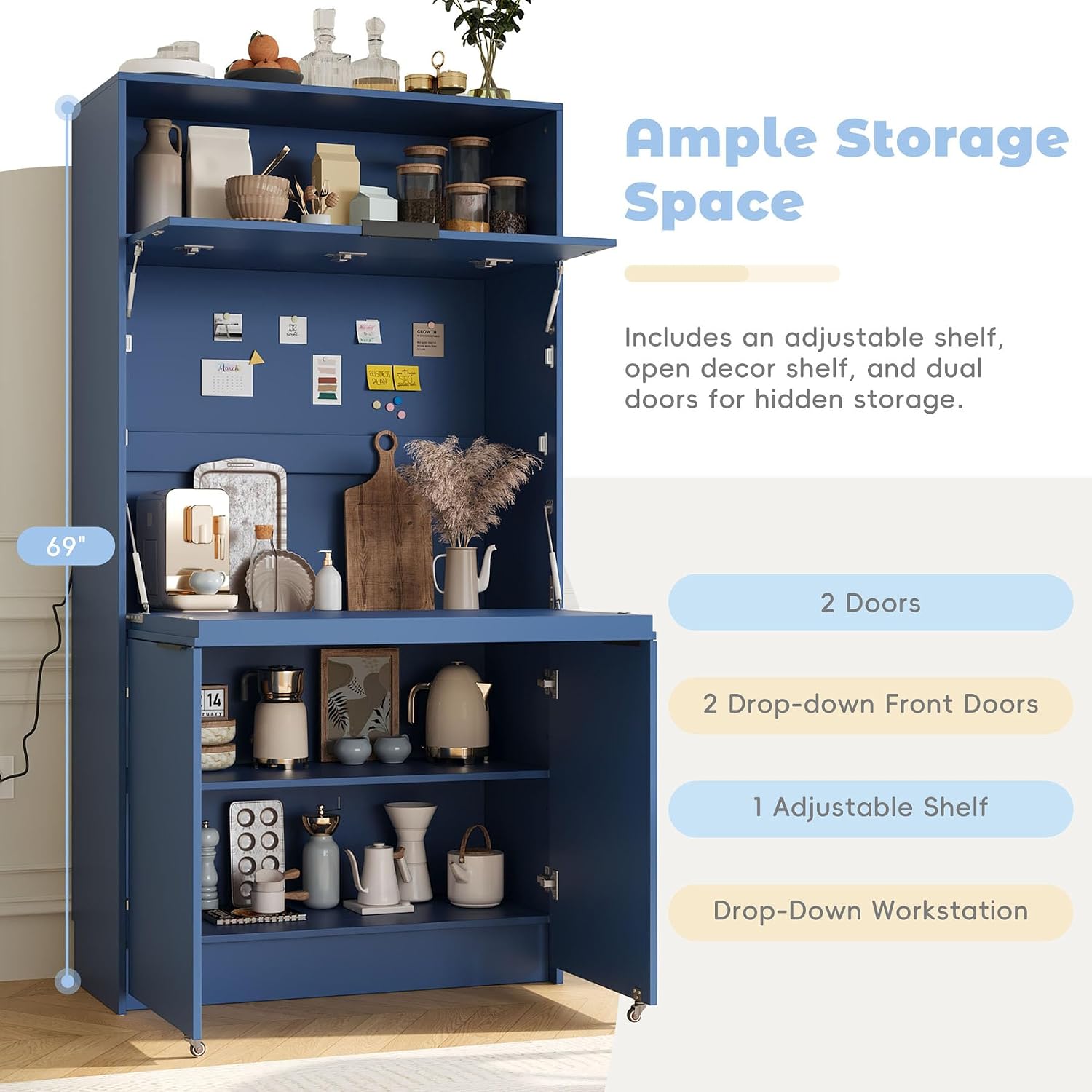 Farmhouse Pantry Cabinet with Foldable Workstation, 69' Tall Buffet with Hutch and Storage, Multifunctional Kitchen Cabinet with Adjustable Shelf and Power Outlet for Dining Room (Dark Blue)
