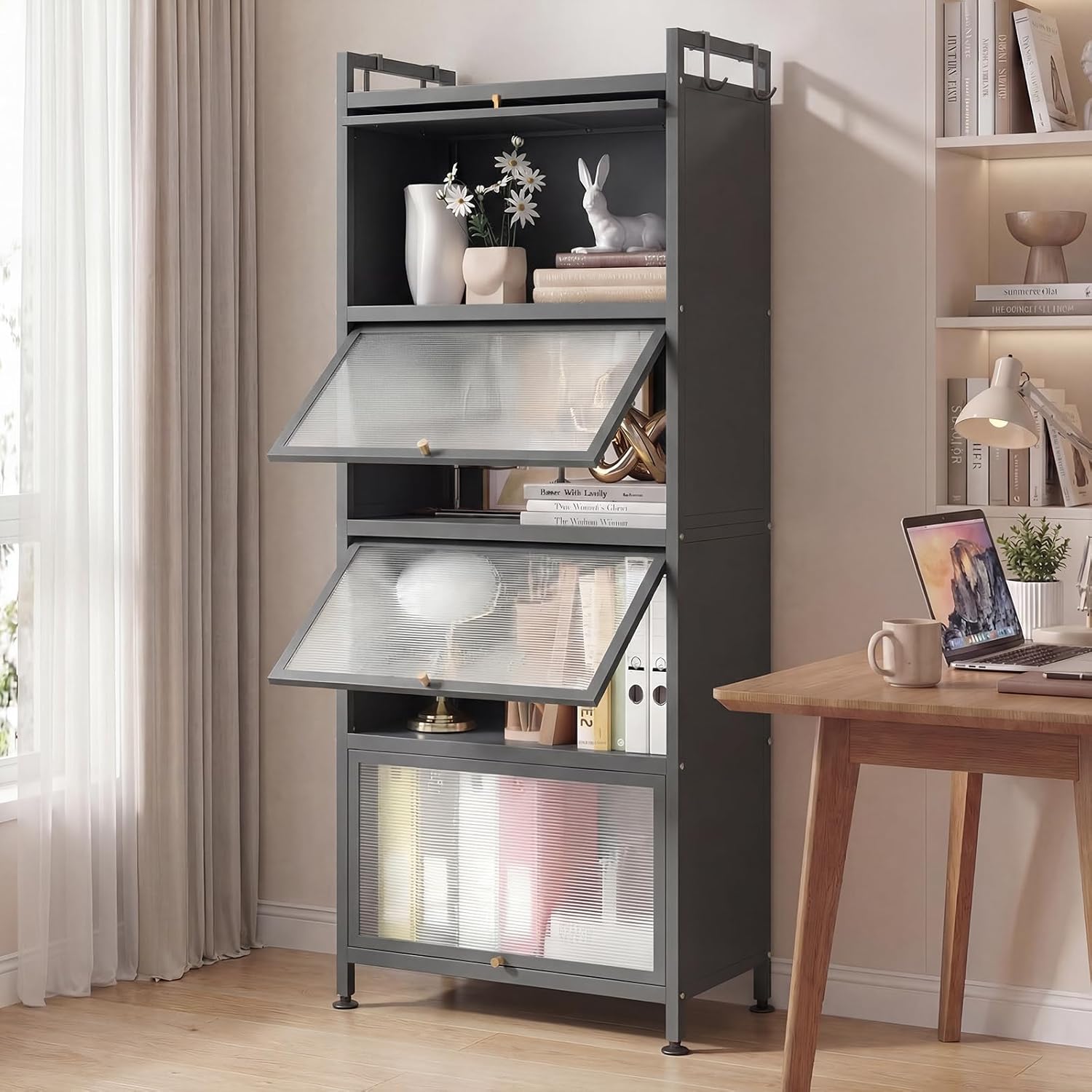 MAT EXPERT 5-Tier Kitchen Storage Cabinet, Freestanding Appliance Cabinet on Wheels with Flip Door & Anti-Topping Device, Kitchen Pantry Bakers Rack for Living Room, Study(Grey)