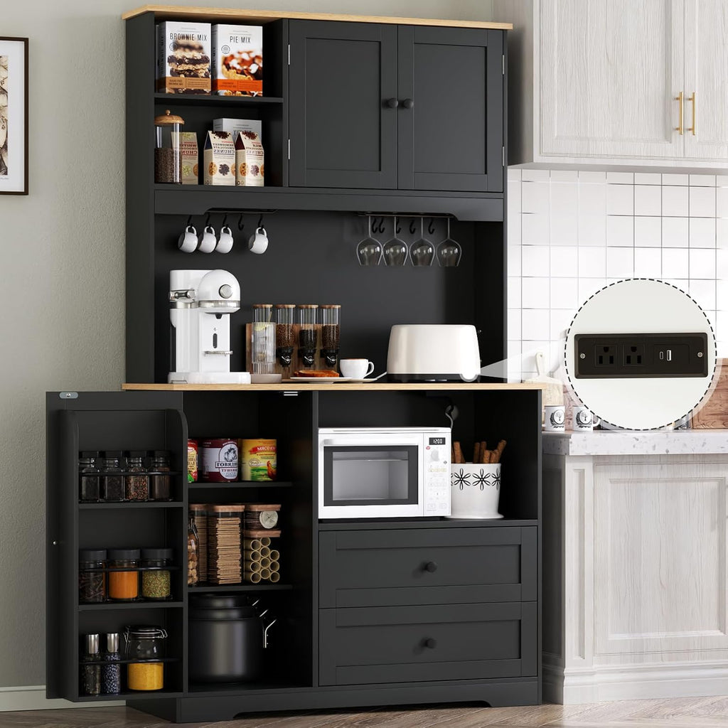 Gyfimoie 68' Tall Kitchen Pantry Storage Cabinet with Charging Station, Upgrade Pantry Cabinet with Doors & Shelves and Wine Glass Holder,Kitchen Hutch Cabinet with Microwave Stand for Kitchen(Black)