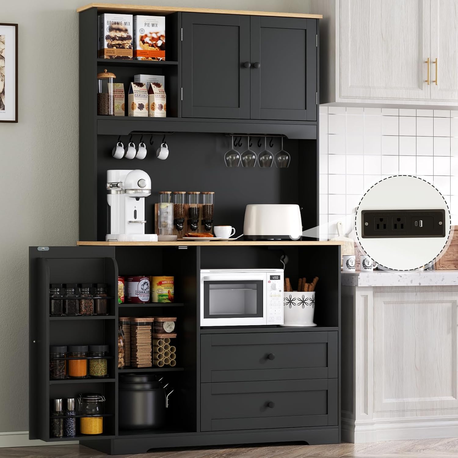 Gyfimoie 68' Tall Kitchen Pantry Storage Cabinet with Charging Station, Upgrade Pantry Cabinet with Doors & Shelves and Wine Glass Holder,Kitchen Hutch Cabinet with Microwave Stand for Kitchen(Black)