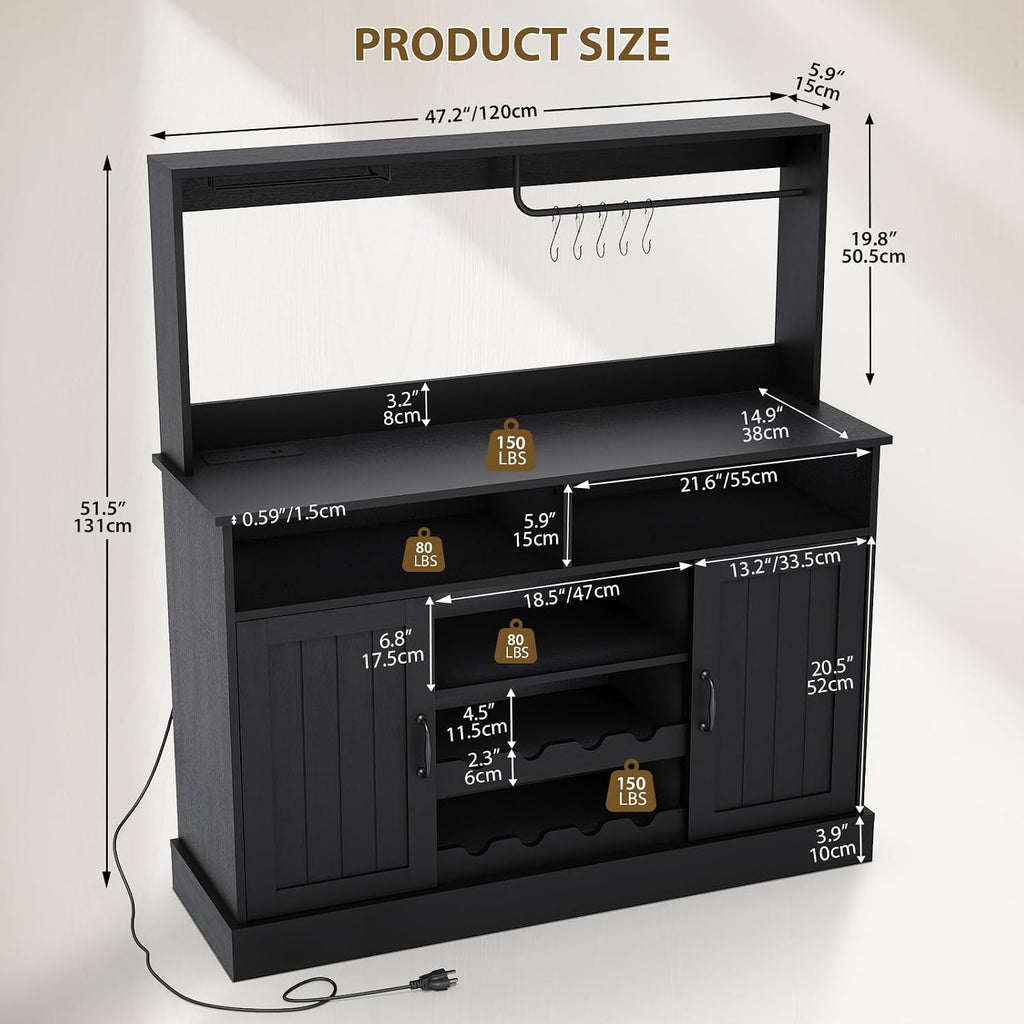 Bakers Rack With Power Outlet and LED Light 67'' Kitchen Microwave Stand Storage Shelf With 10 S-Shaped Hooks Wine Rack 5 Tiers Coffee Bar Station With Basket Cabinet Metal Grid Goblet Holder, Brown