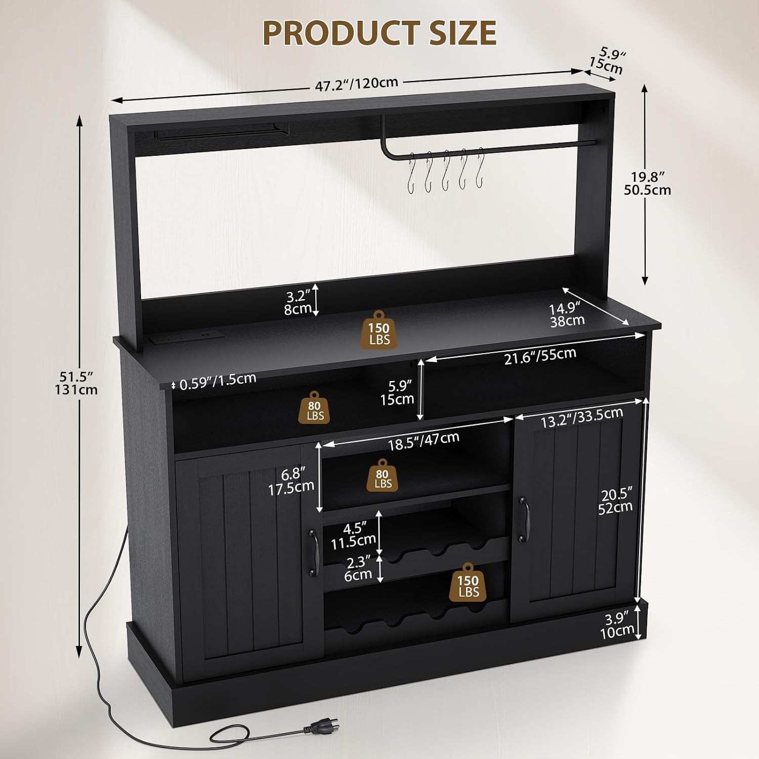 Bakers Rack With Power Outlet and LED Light 67'' Kitchen Microwave Stand Storage Shelf With 10 S-Shaped Hooks Wine Rack 5 Tiers Coffee Bar Station With Basket Cabinet Metal Grid Goblet Holder, Brown
