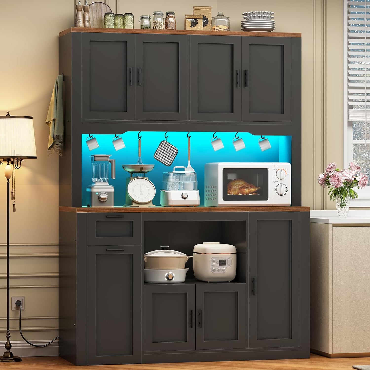 Itaar 71' Pantry Cabinet with Charging Station and LED Light, Kitchen Pantry Cabinet with Microwave Stand, 47.2' Wide Kitchen Storage Cabinets with Storage Cart 3 Tier for Dining Room, Black