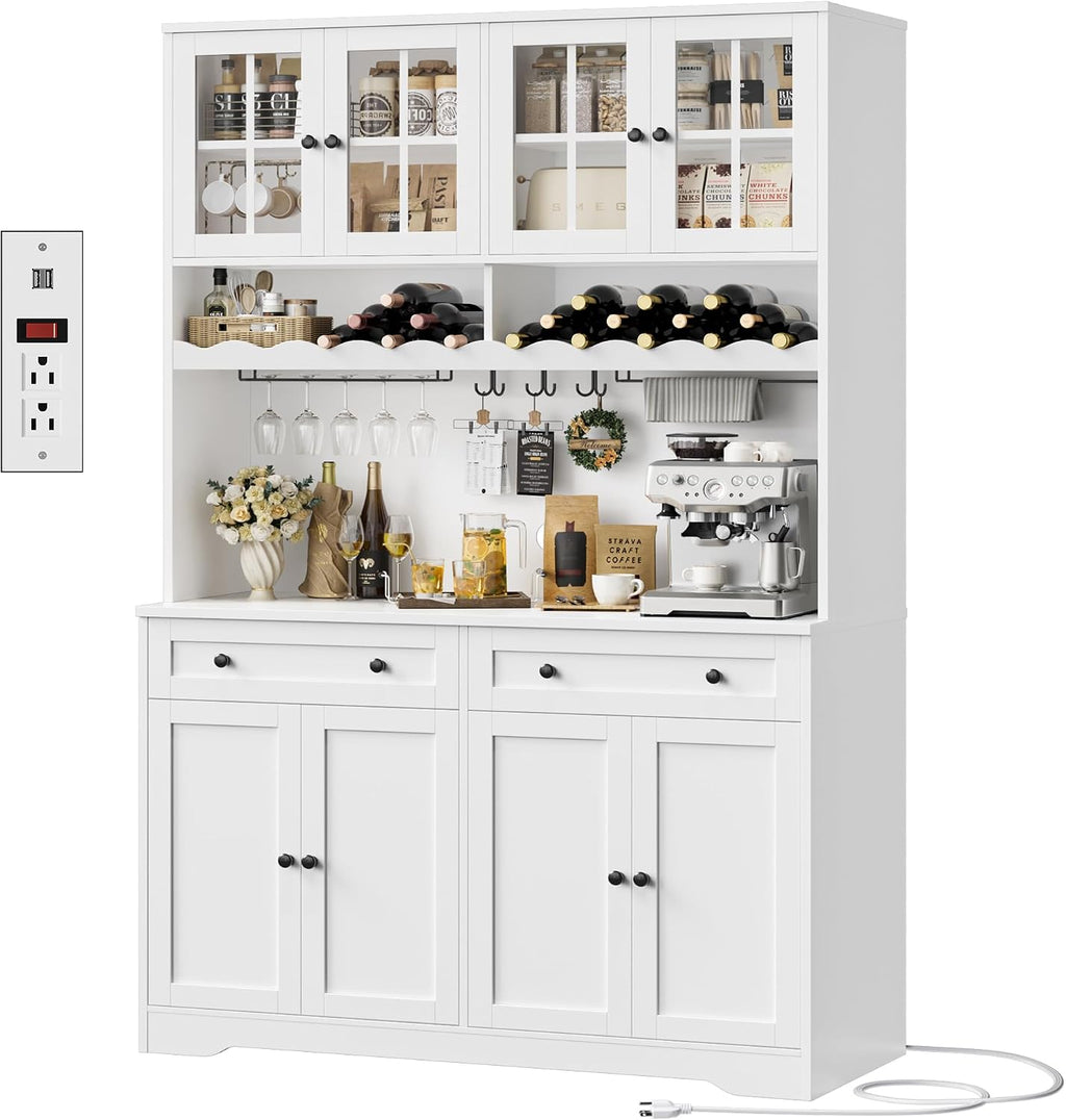 HOSTACK 75.4' Tall Kitchen Pantry Cabinet with Charging Station, Modern White Kitchen Hutch with Microwave Stand and Wine Racks, Large Food Pantry Storage Cabinet with Glass Doors and Drawers, White