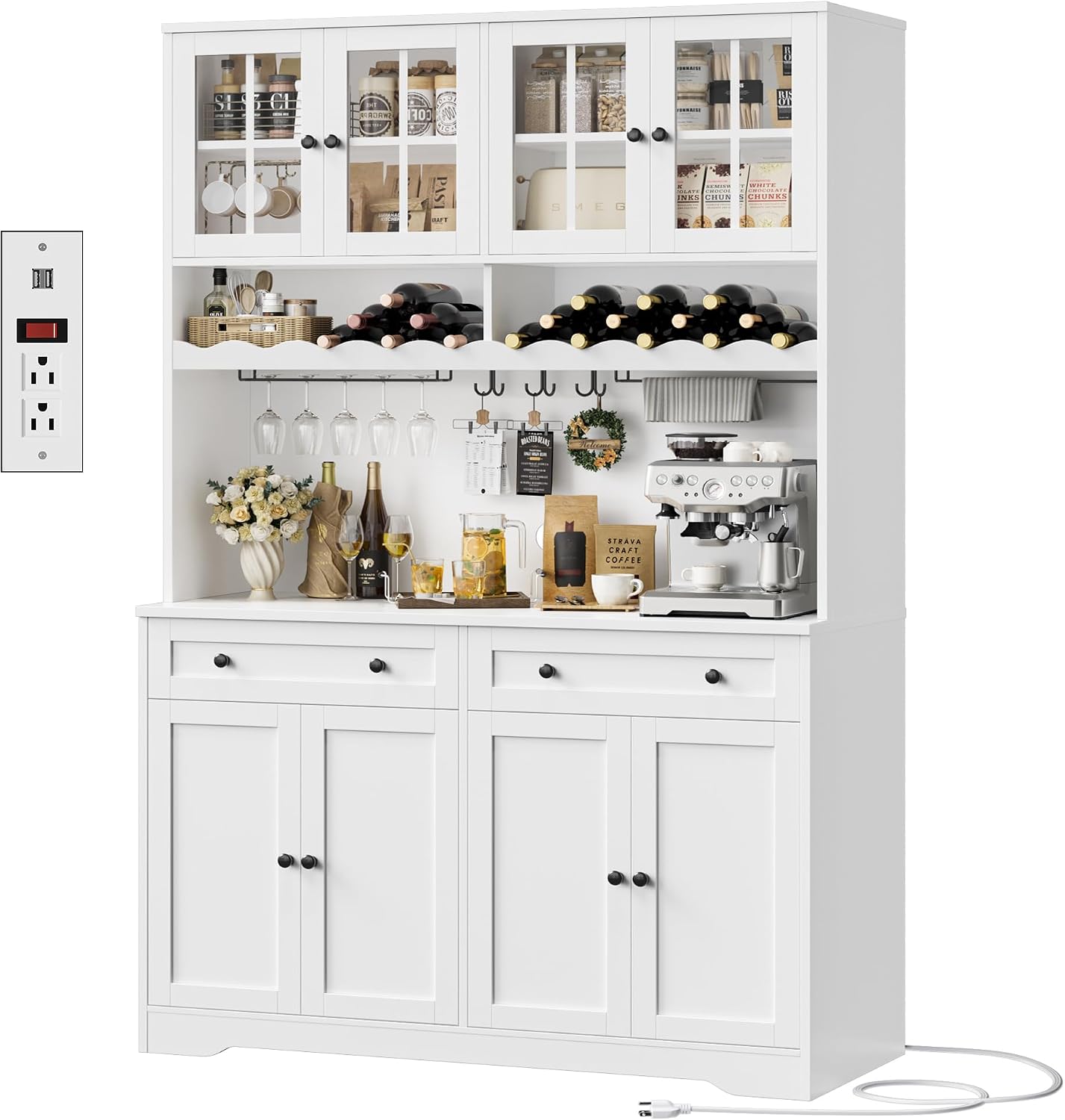 HOSTACK 75.4' Tall Kitchen Pantry Cabinet with Charging Station, Modern White Kitchen Hutch with Microwave Stand and Wine Racks, Large Food Pantry Storage Cabinet with Glass Doors and Drawers, White