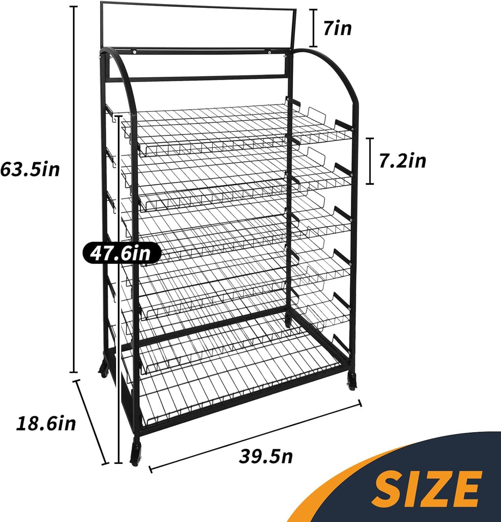 TONGMO Bakery Display Rack: Equipped with Wheels and Header Holder, 39.5' Wide Potato Chip Display Rack, 6 Shelves Snack Rack Display.(39.5', 6-Shelves, Black)