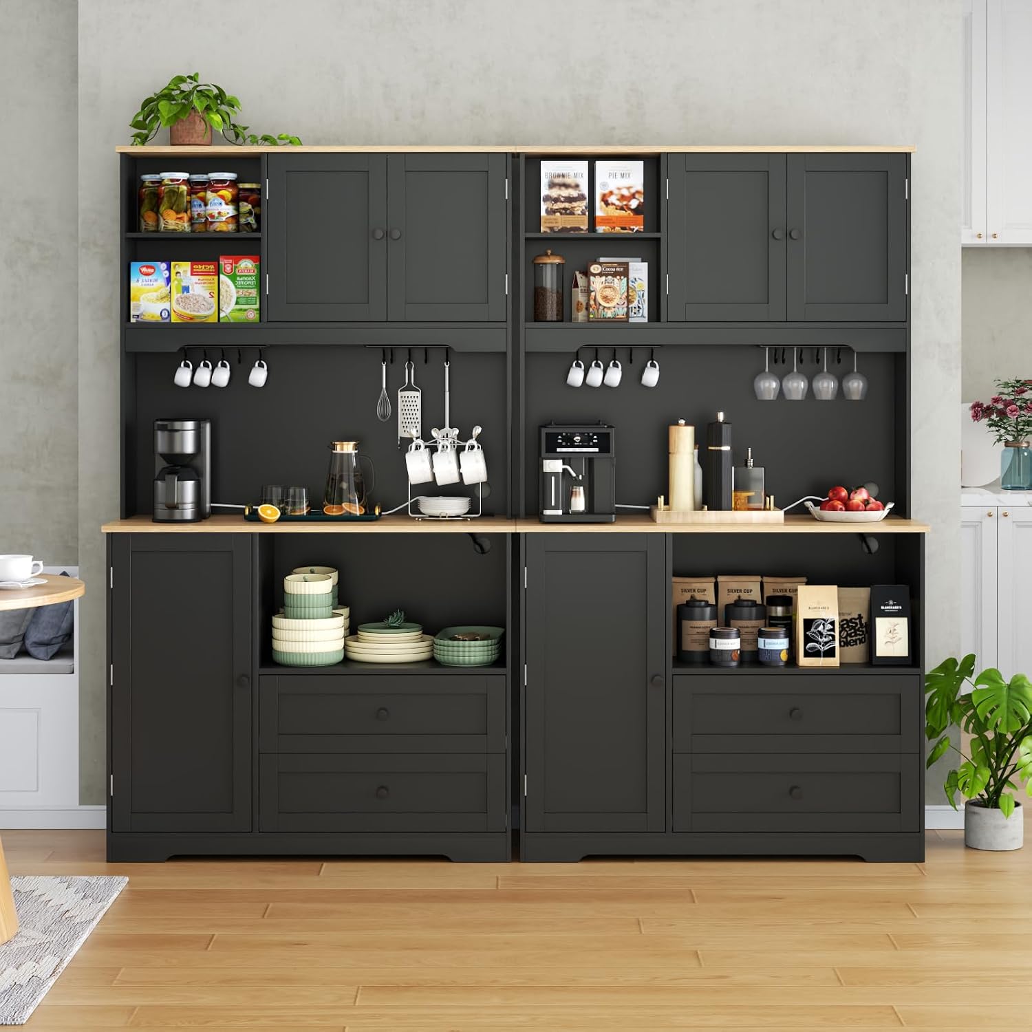Gyfimoie 68' Tall Kitchen Pantry Storage Cabinet with Charging Station, Upgrade Pantry Cabinet with Doors & Shelves and Wine Glass Holder,Kitchen Hutch Cabinet with Microwave Stand for Kitchen(Black)