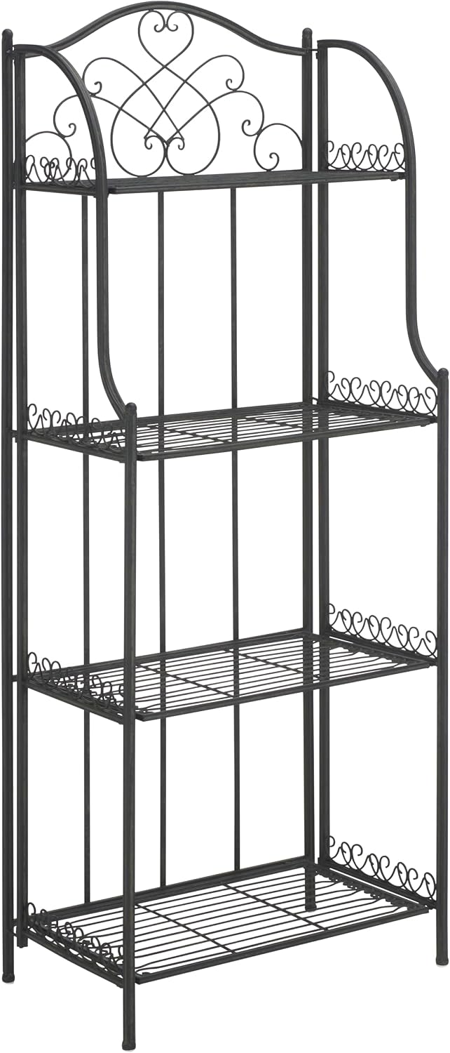 SAFAVIEH Outdoor - Amaris 4-Tier Bakers Rack - Black Iron Metal - Vintage Victorian Scrollwork - Ideal for Patio, Deck, Porch, Sunroom, 14.5' W x 25' D x 63' H (PAT5014E)