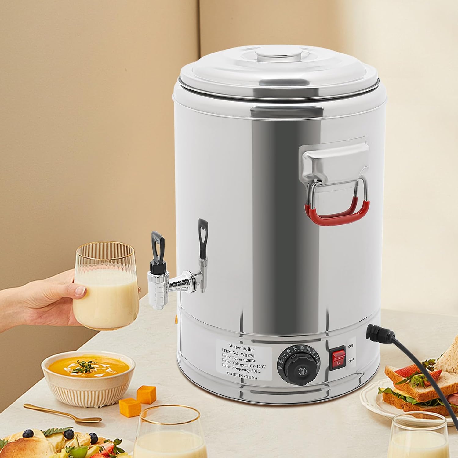 20L Hot Beverage Dispenser 110V with Spigot, Stainless Steel Electric Hot Water Boiler, Insulated Beverage Dispenser for Coffee Tea Milk, Commercial Grade Drink Urn, US Plug, Keep Warm Function