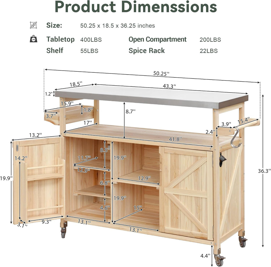 Farmhouse Outdoor Kitchen Island, Rolling Bar Cart & Storage Cabinet with Stainless Steel Top, Spice Rack, Towel Rack for Kitchen & Barbecue, Solid Wood Outdoor Grill Table (Natural)