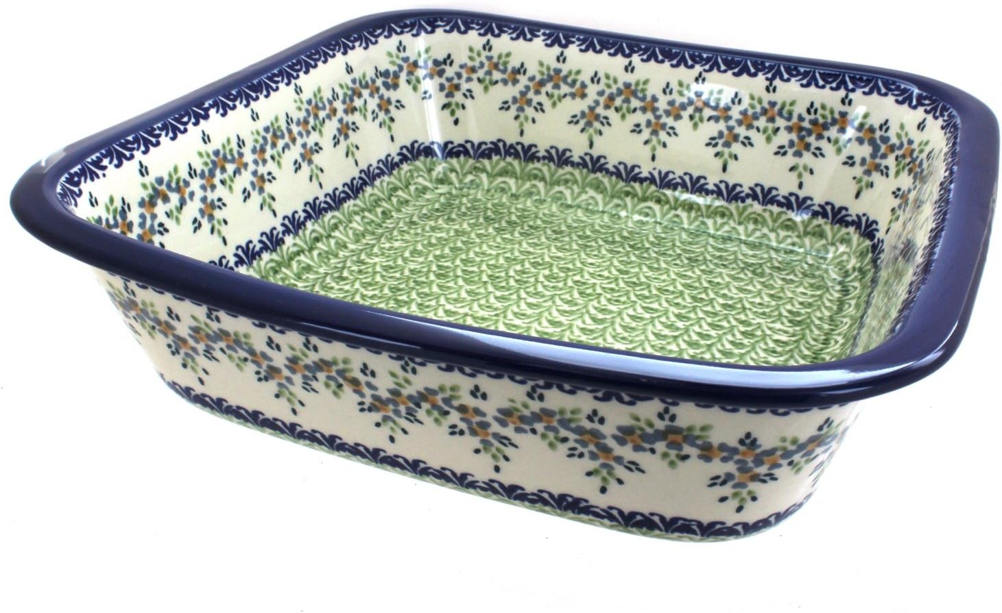 Blue Rose Polish Pottery - Green Summer Vine Large Square Baker - 11.5' Square - Unique, Dishwasher Safe, & Durable Bakeware