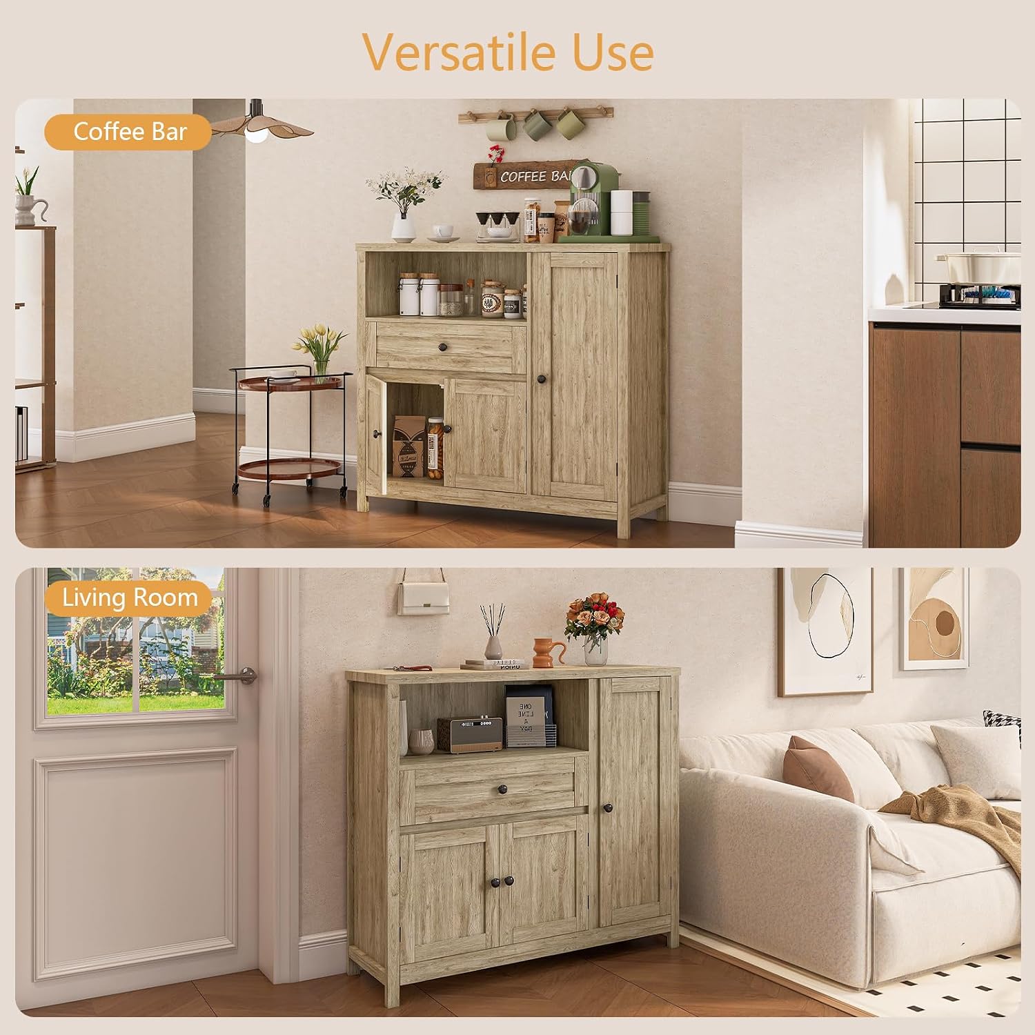 Viaozutis Coffee Bar Cabinet with Doors and Drawer, 35.4' Kitchen Storage Cabinet with Adjustable Shelf, Freestanding Buffet Sideboard for Dining Room, Bathroom, Entryway（Grey）