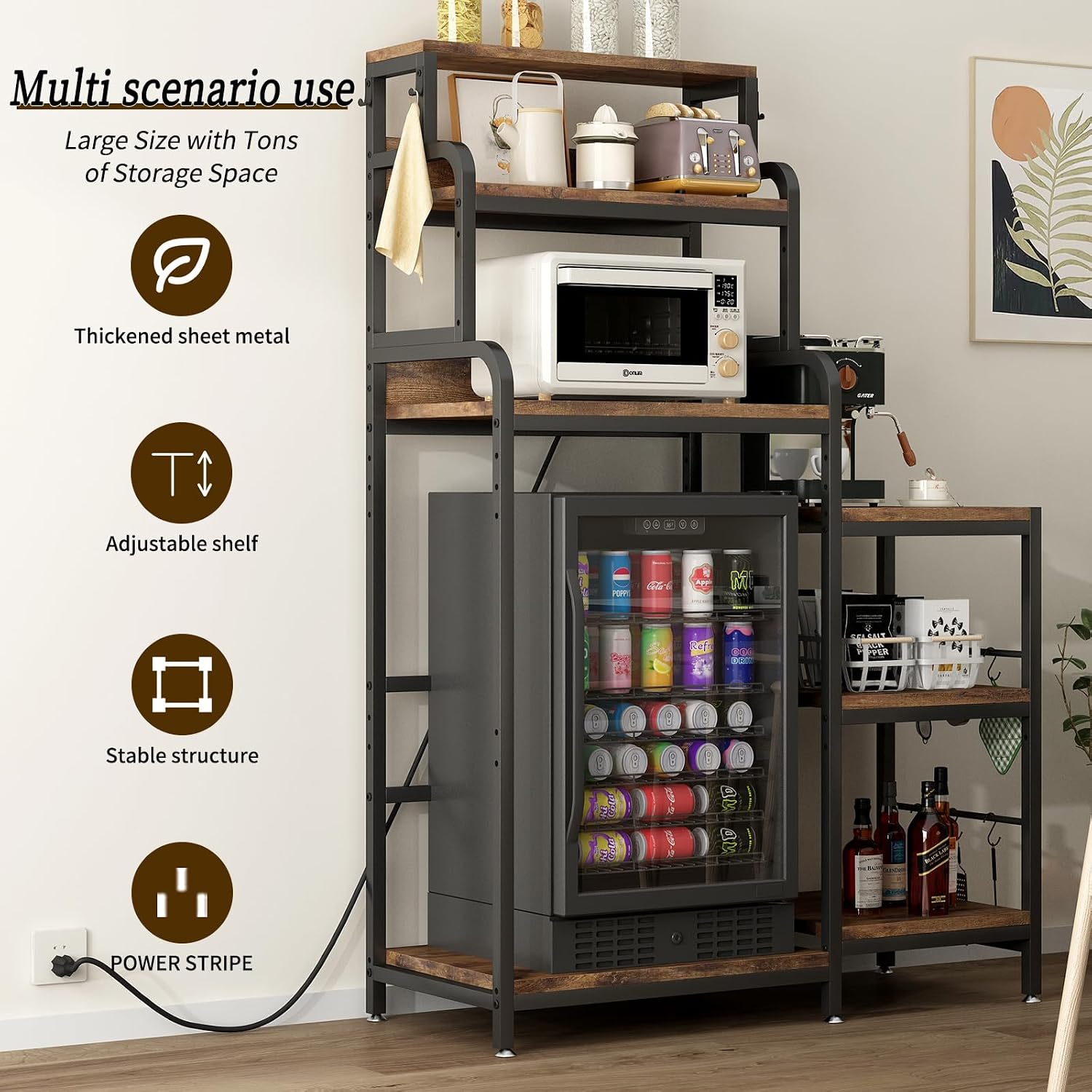 Mini Fridge & Microwave Stand with Storage, Multifunctional 7-Tier Bakers Rack with Power Outlet, Adjustable Shelves and Hooks, Utility Storage Shelf for Kitchen, Dorm, Living Room, Black+Brown