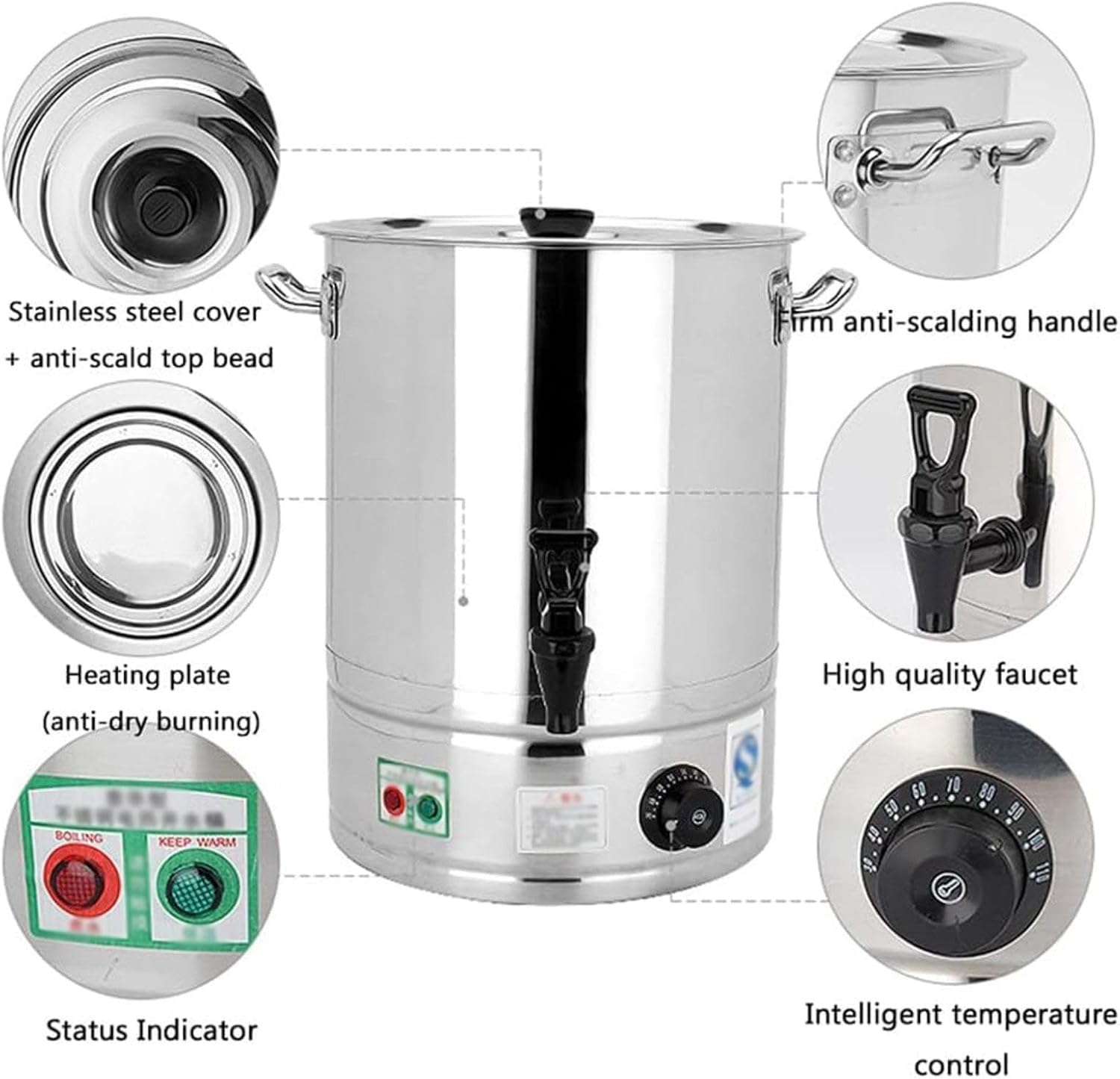 30L/40L Commercial Catering Urn, Hot Water Boiler Dispenser, Soup Kettle Buffet Warming Pot, 30-110°C Temperature Control Knob, Electric Boiling Water Bucket,No Faucet,30L (No Faucet-30L