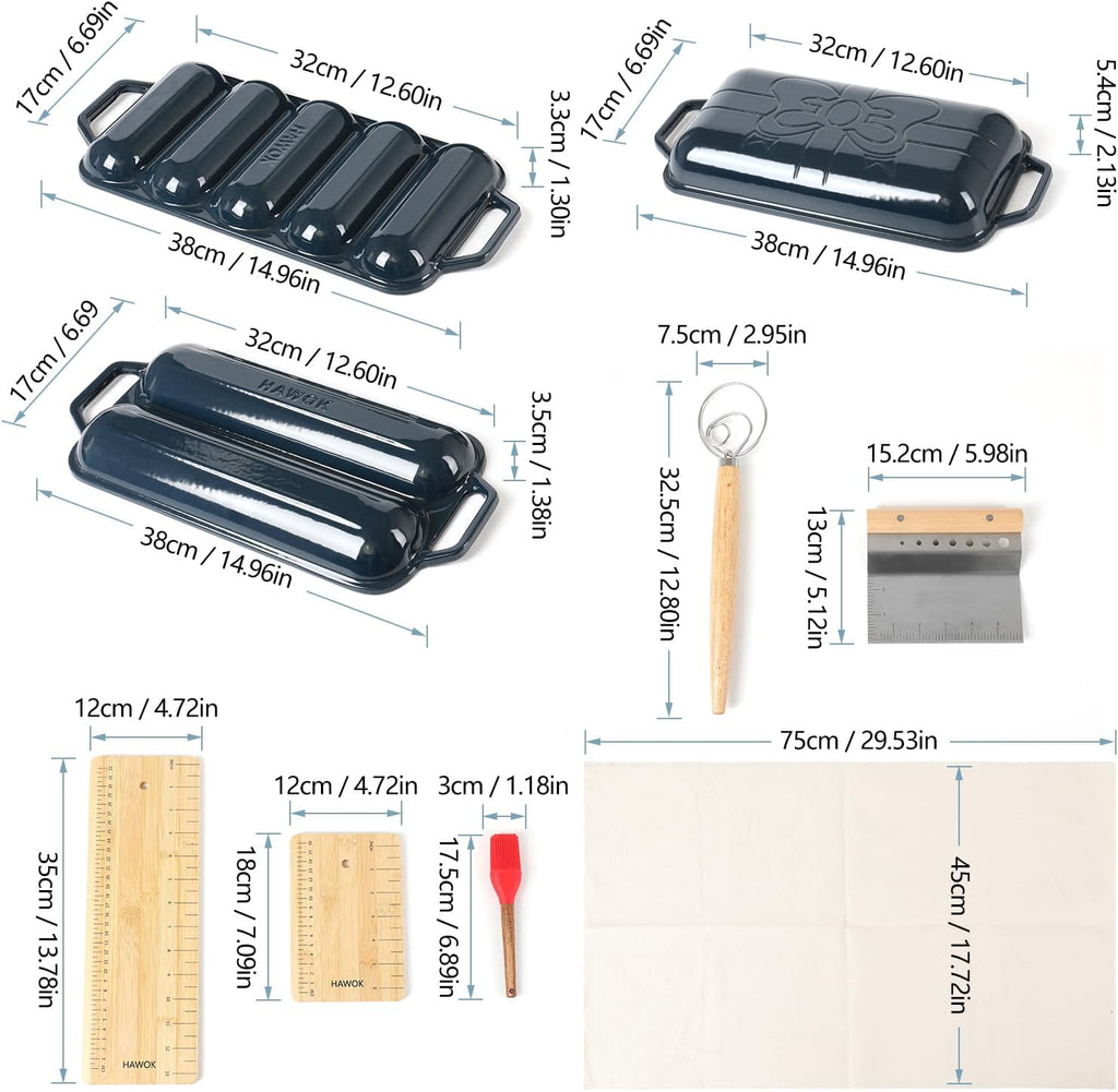 HAWOK Enameled Cast lron Baguette Bread Baker, 3-in-1 Baking Set with Full Baguette Tray, 5-Slot Mini Roll Tray & Reversible Lid Pan, 15 x 6.7 inch, Navy Blue