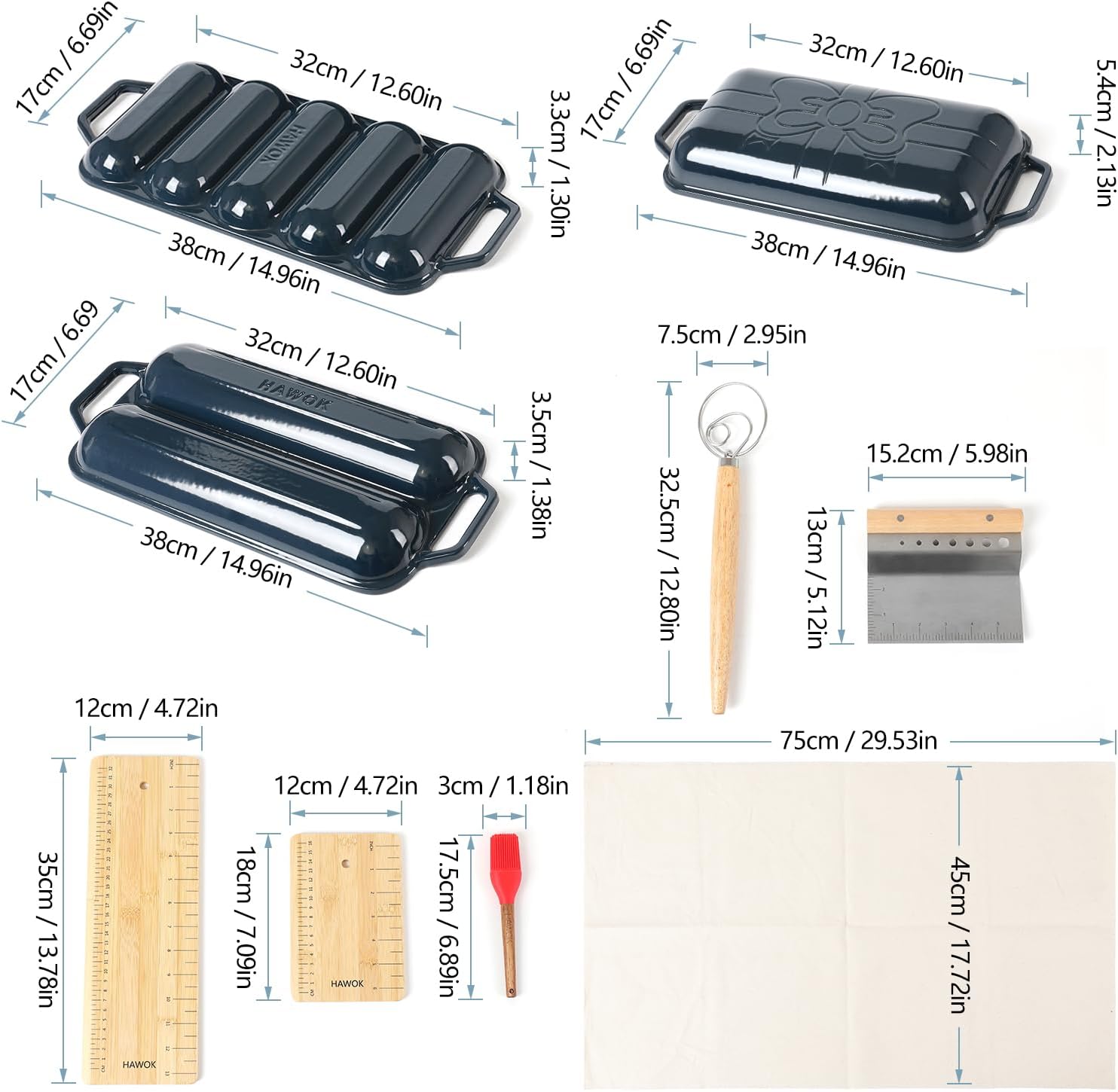 HAWOK Enameled Cast lron Baguette Bread Baker, 3-in-1 Baking Set with Full Baguette Tray, 5-Slot Mini Roll Tray & Reversible Lid Pan, 15 x 6.7 inch, Navy Blue