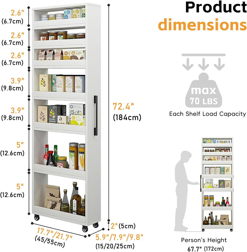 7 Tier Slim Storage Cart with Wheels,Rolling Storage Cabinet,Narrow Spice Rack for Small Spaces,Kitchen,Bakers,Pantry,Dining Room