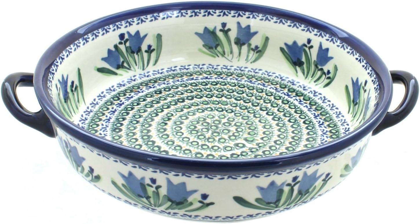 Blue Rose Polish Pottery - Blue Tulip Round Casserole with Handles - 10.25' Diameter - Unique, Dishwasher Safe, & Durable Bakeware