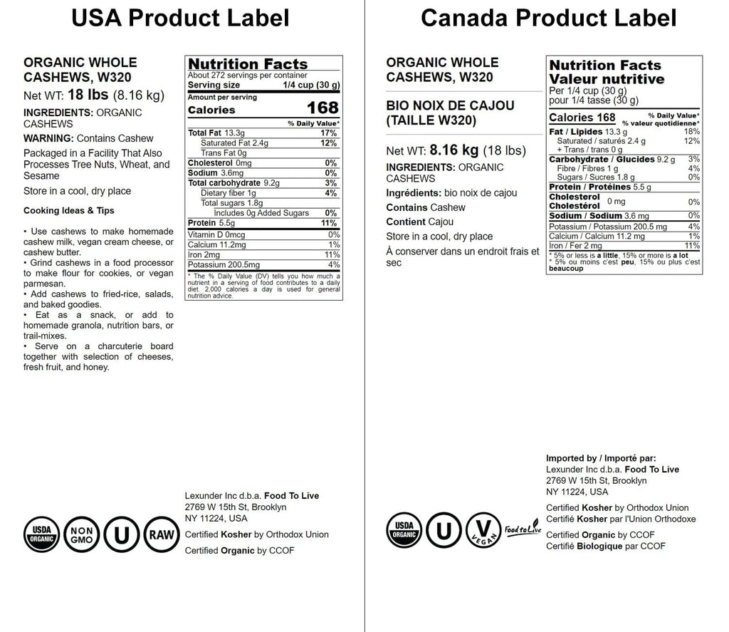 Food to Live Organic Cashews, 18 Pounds - Whole, Unsalted, Non-GMO, Kosher, Raw, Vegan, Bulk