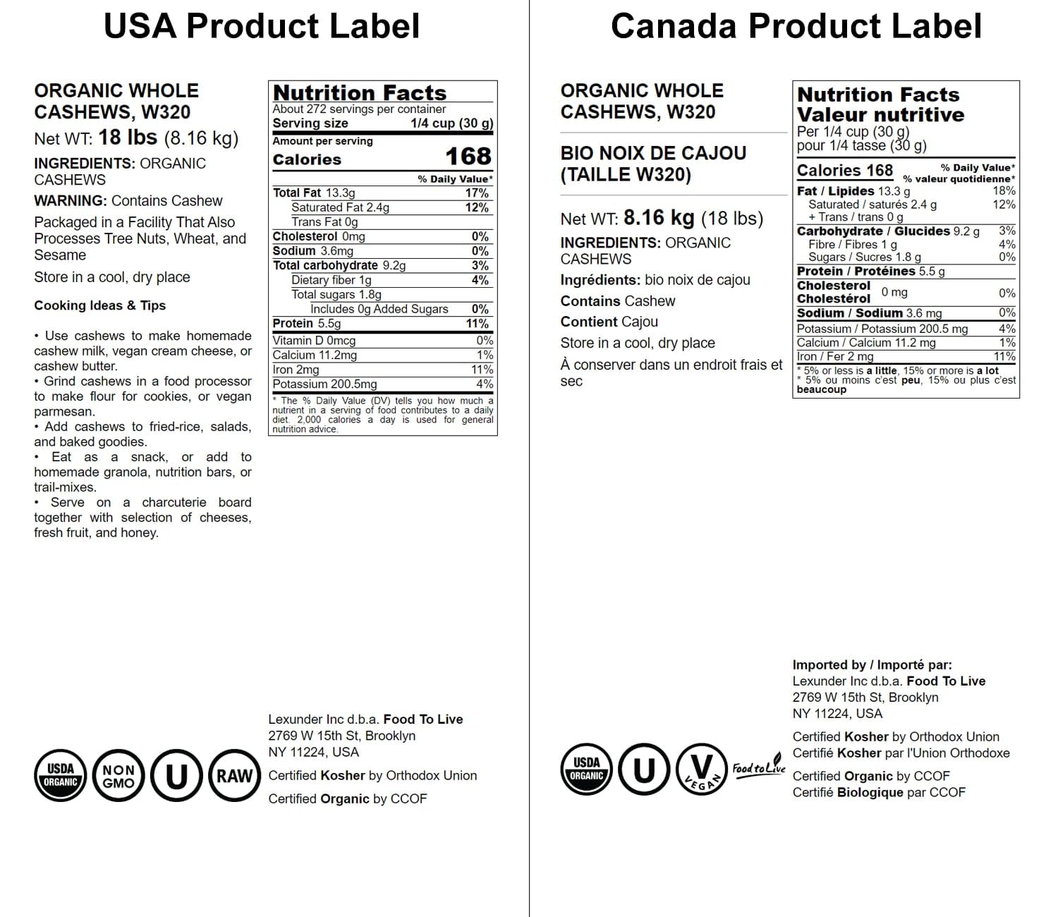 Food to Live Organic Cashews, 18 Pounds - Whole, Unsalted, Non-GMO, Kosher, Raw, Vegan, Bulk