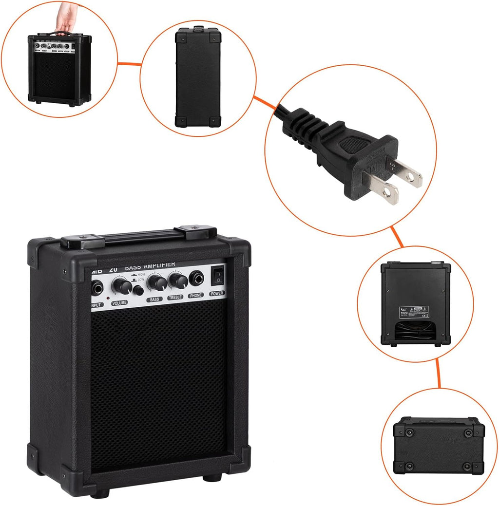 Ktaxon Electric Bass Guitar 5 String Bass Guitar with 20 Watt Amplifier, JB Type Pickup, Naturally air-dried Maple Neck, Rosewood Fretboard, Basswood Body(Black)