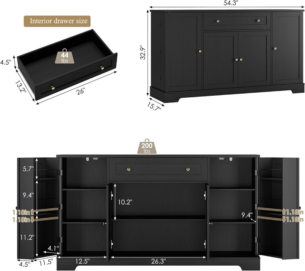 HITHOS 54' Buffet Cabinet with Storage, Modern Kitchen Buffet Sideboard with Drawer, Wood Coffee Bar with Adjustable Shelves, Kitchen Storage Cabinet for Living Room, Black