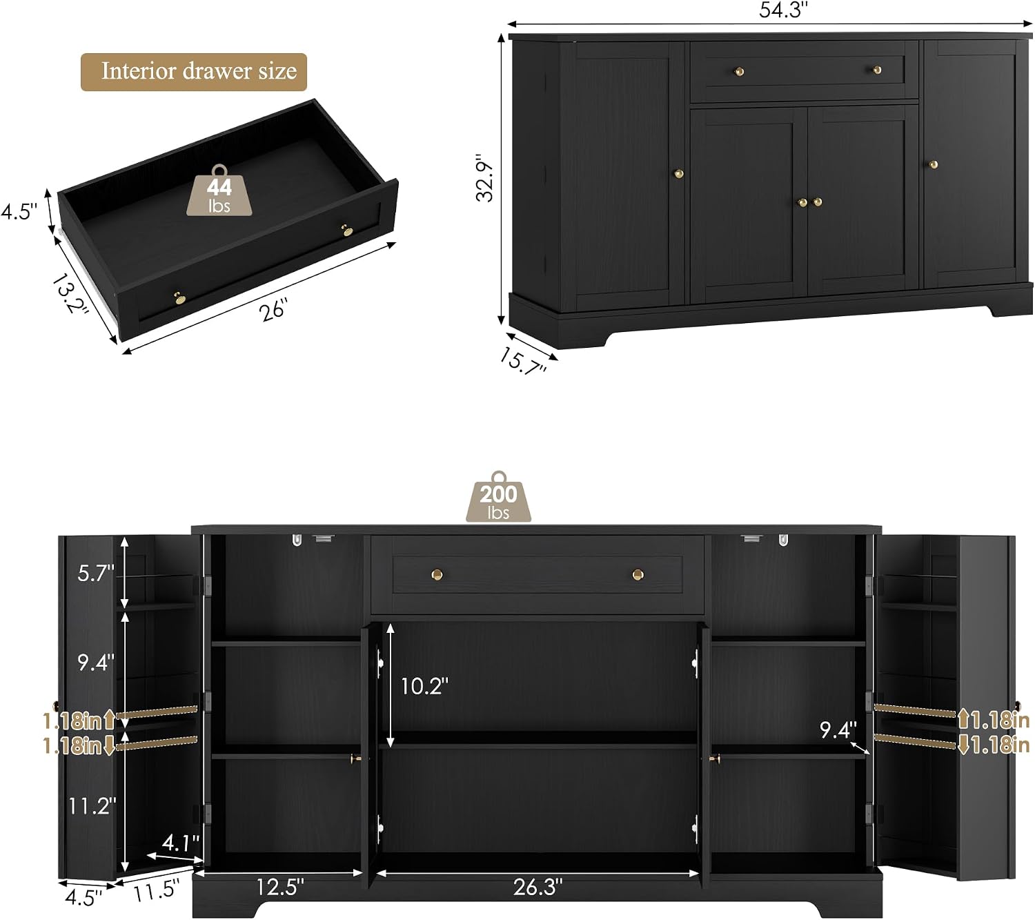 HITHOS 54' Buffet Cabinet with Storage, Modern Kitchen Buffet Sideboard with Drawer, Wood Coffee Bar with Adjustable Shelves, Kitchen Storage Cabinet for Living Room, Black