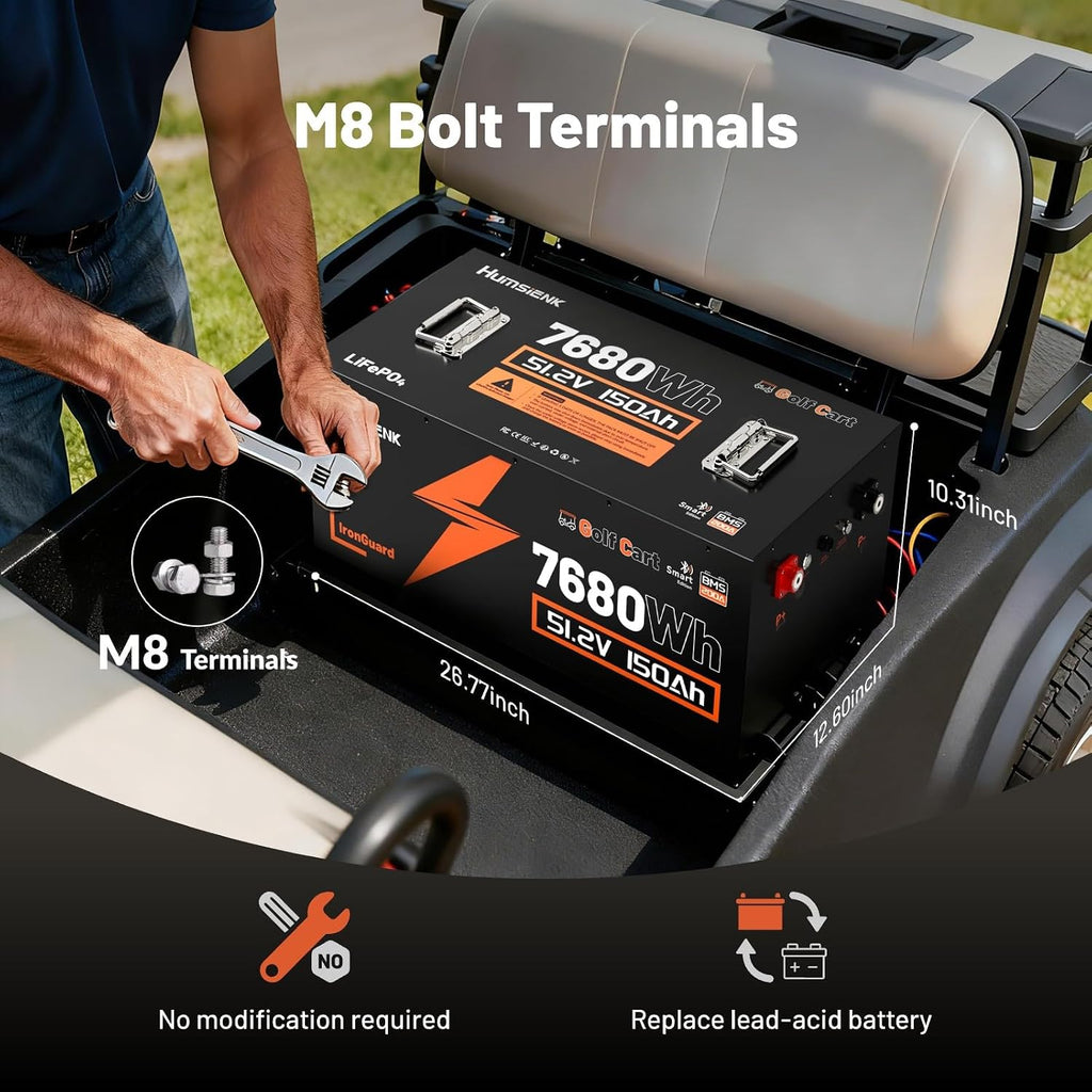 48V 150Ah Golf Cart Battery with Blade Cell & Metal Case, LiFePO4 Lithium Battery with 200A BMS, Bluetooth APP & LCD Monitor, 15000+ Cycles, Peak Current 600A with Low-Temp Protection for Golf Carts